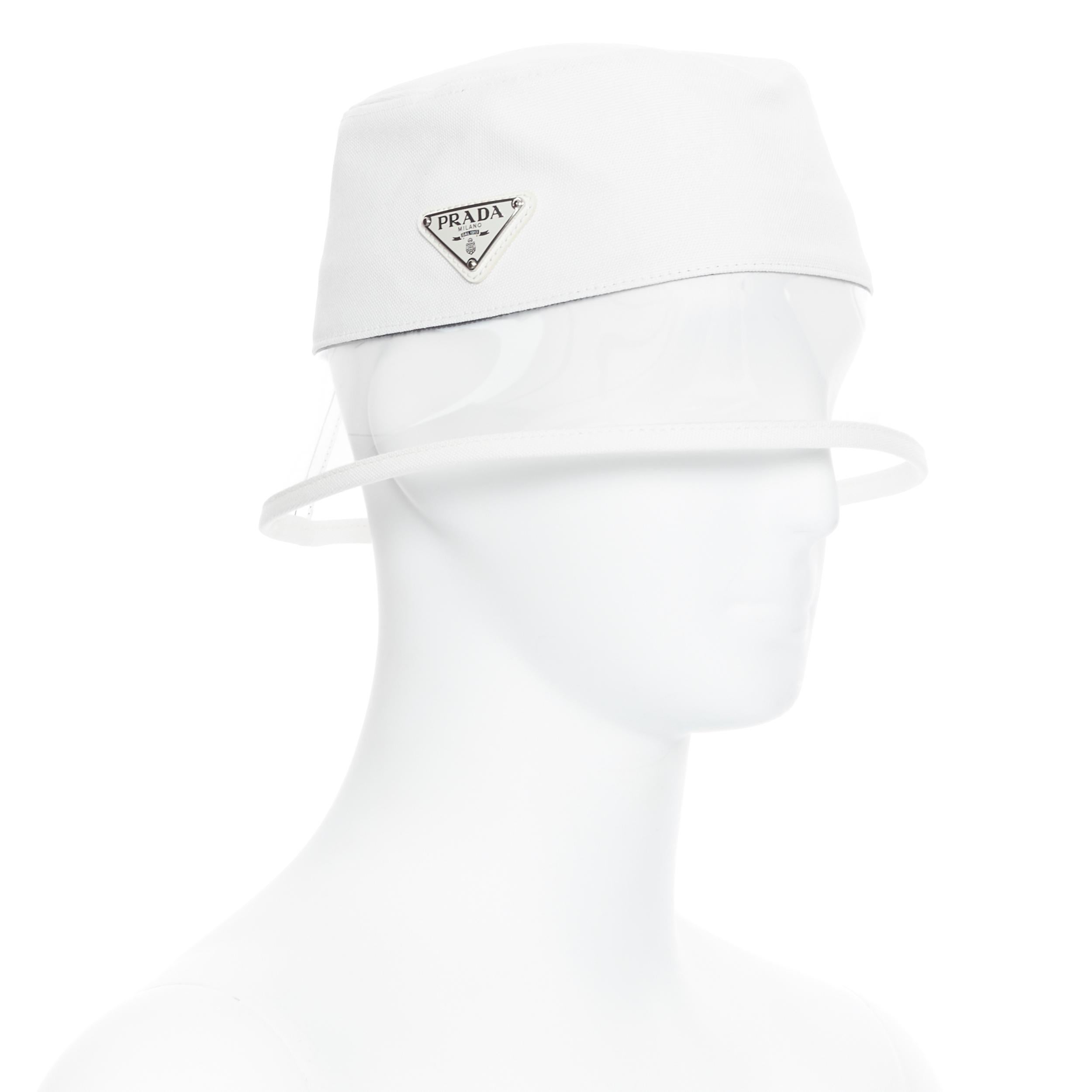 nuovo cappello a secchiello PRADA 2018 in cotone crema con logo a triangolo in PVC trasparente anni '90 S 2