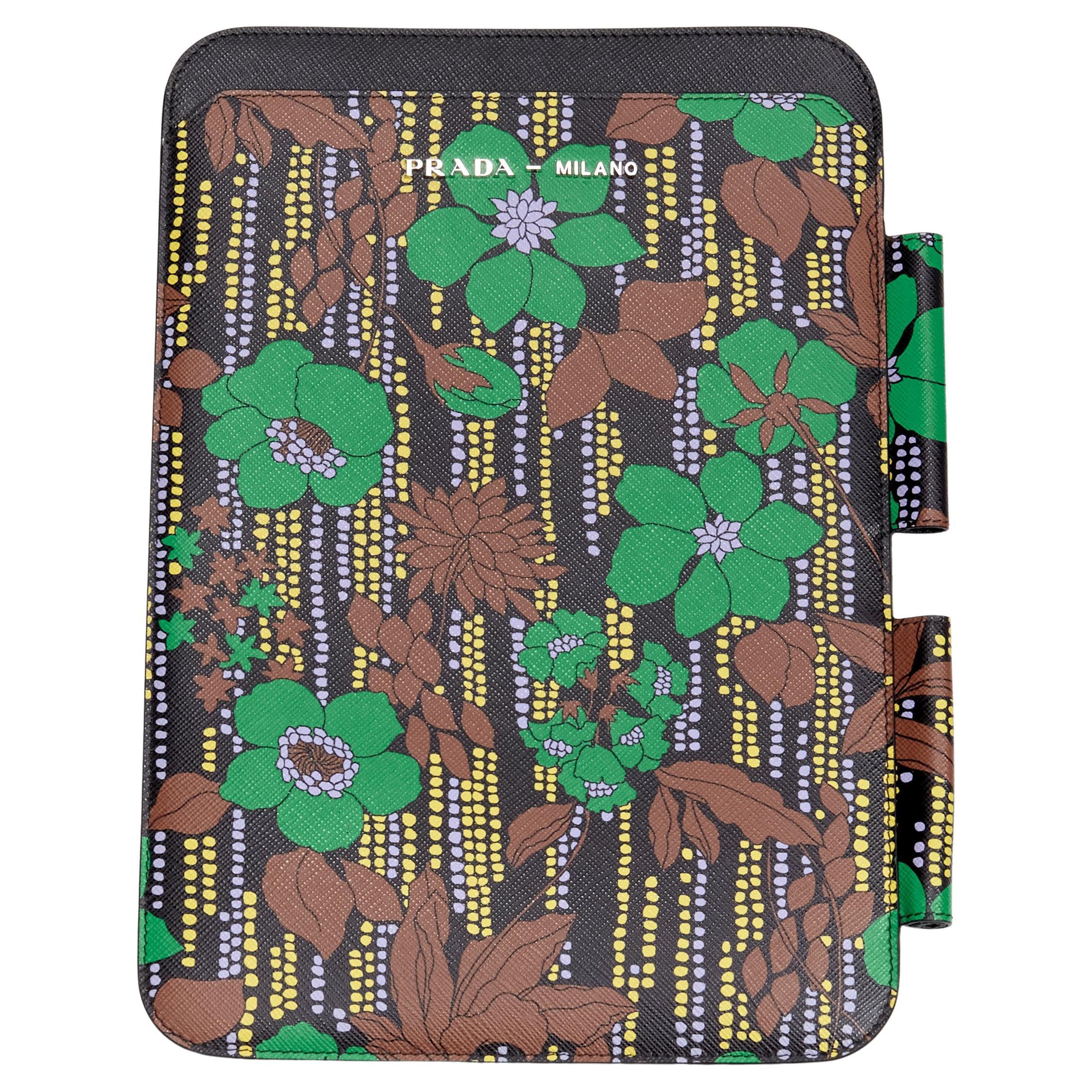 new PRADA 2018 green brown purple flower smeraldo saffiano leather iPad case For Sale