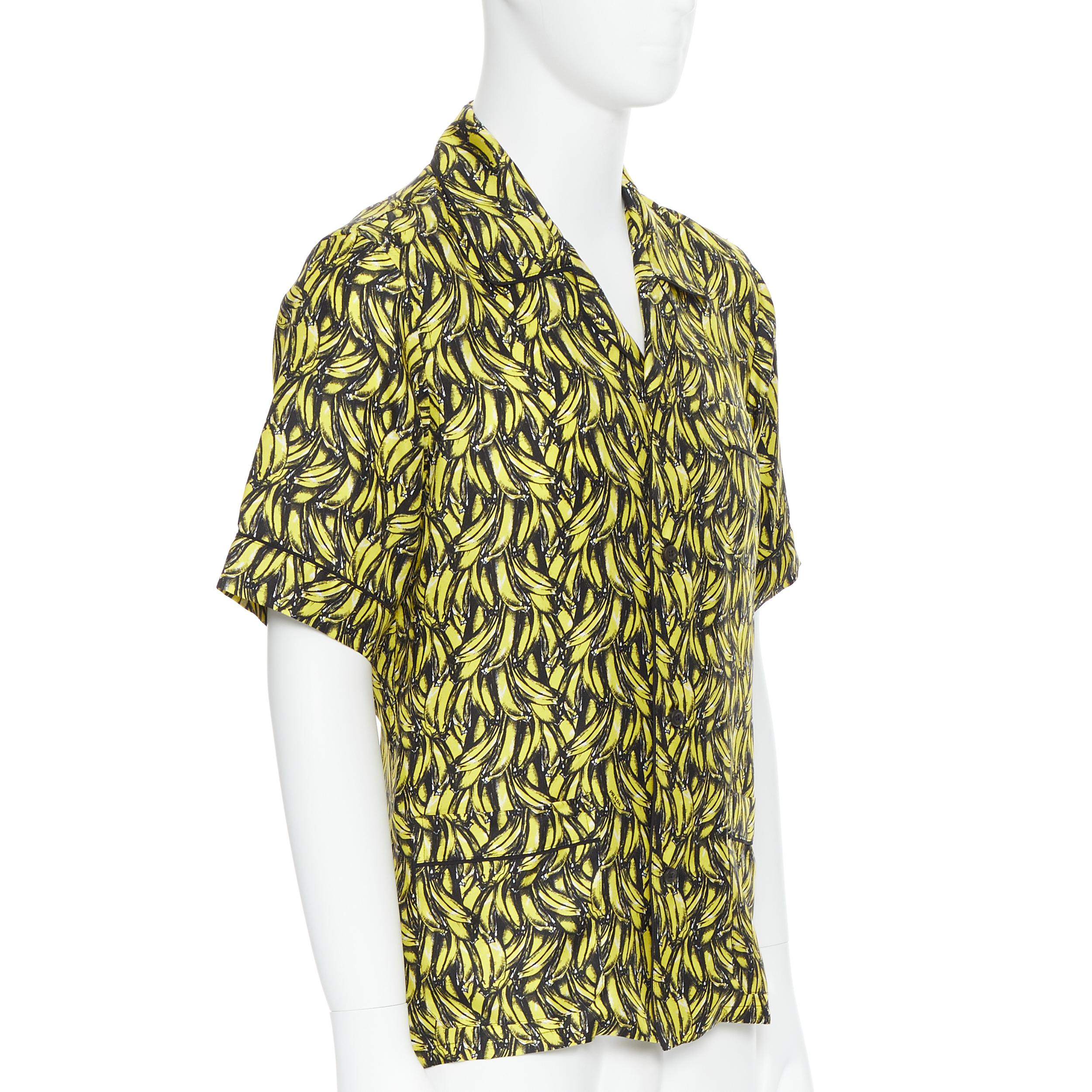 Black new PRADA 2018 iconic Banana yellow 100% silk short sleeve bowling shirt S