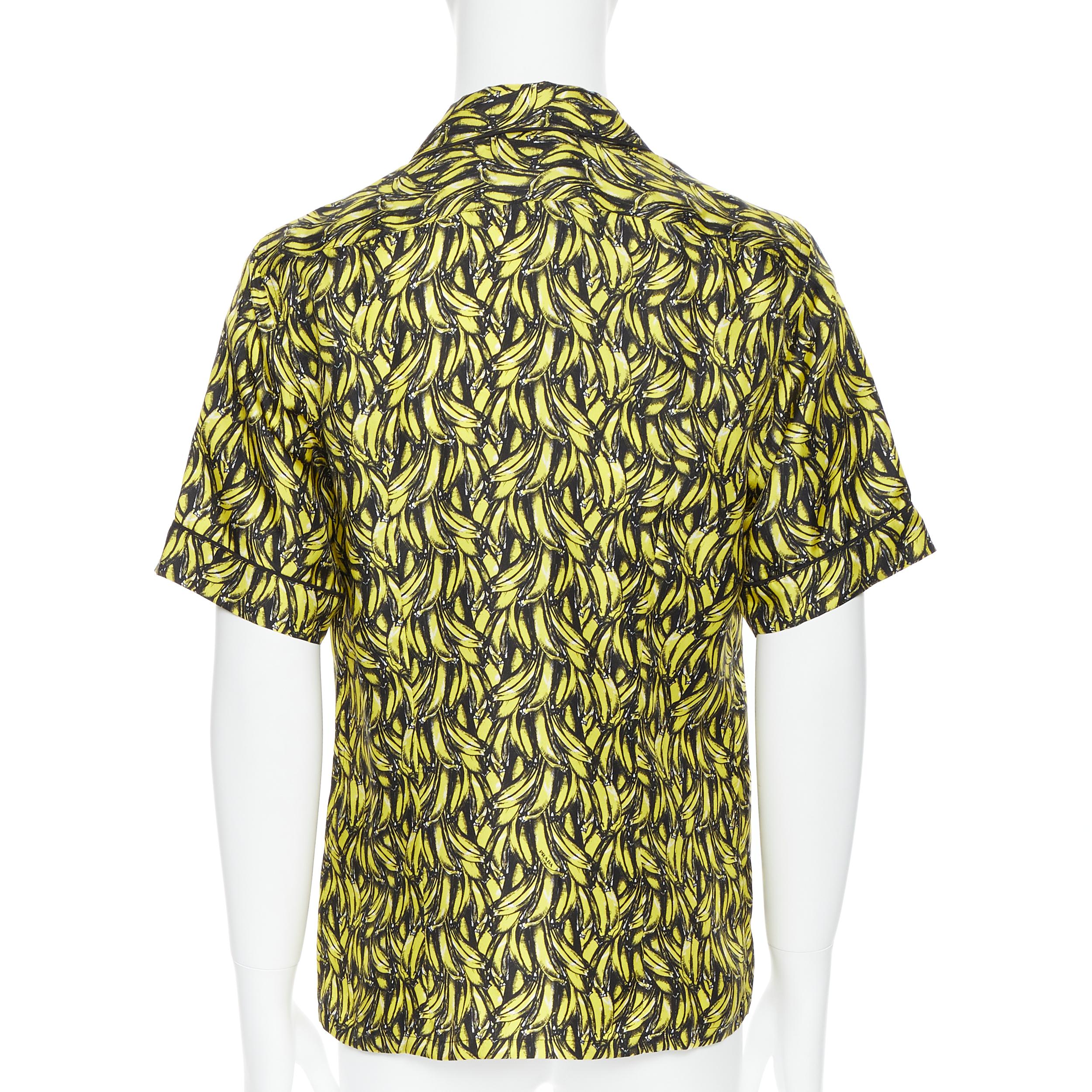 Men's new PRADA 2018 iconic Banana yellow 100% silk short sleeve bowling shirt S
