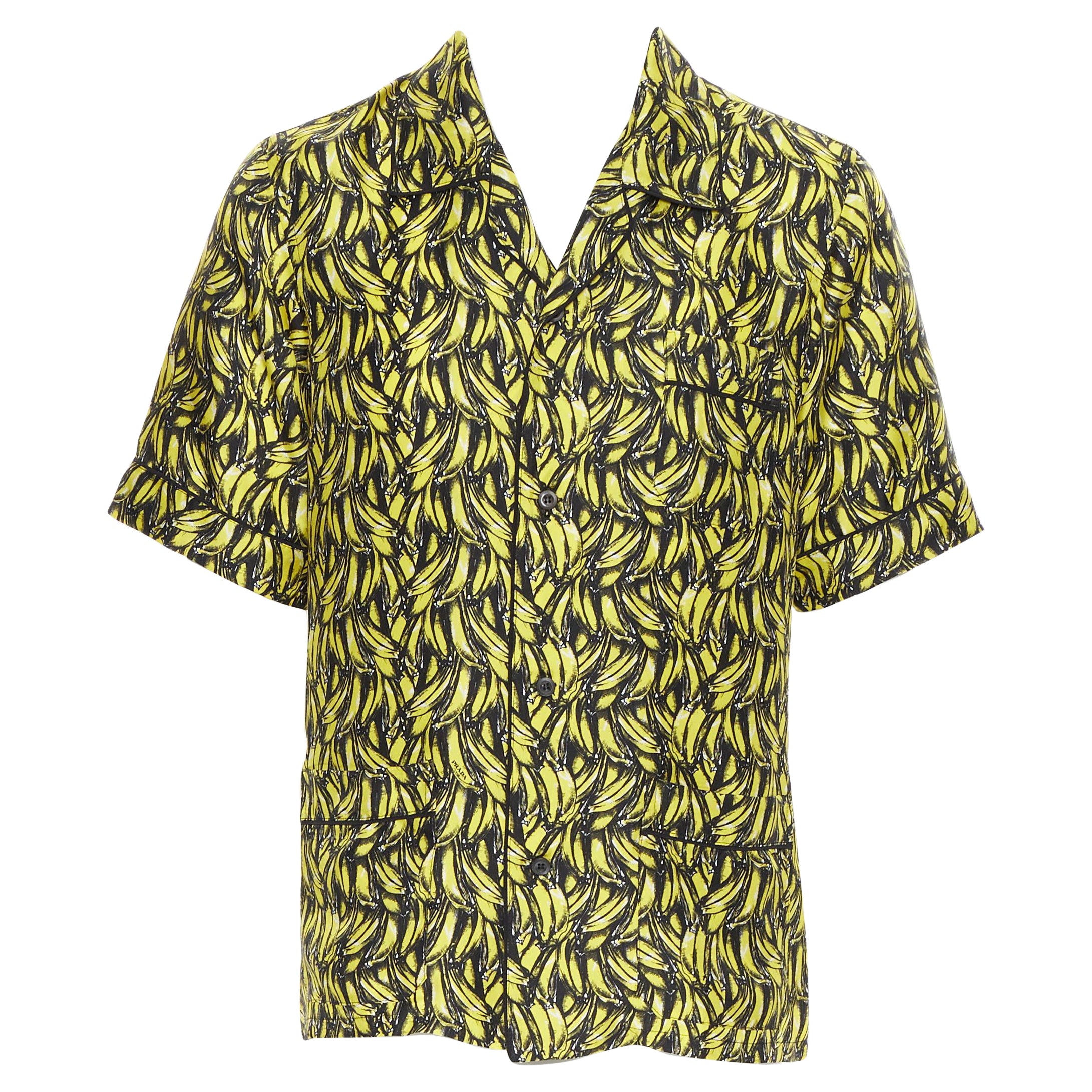 new Prada 2018 iconico Banana giallo 100% seta manica corta bowling shirt S