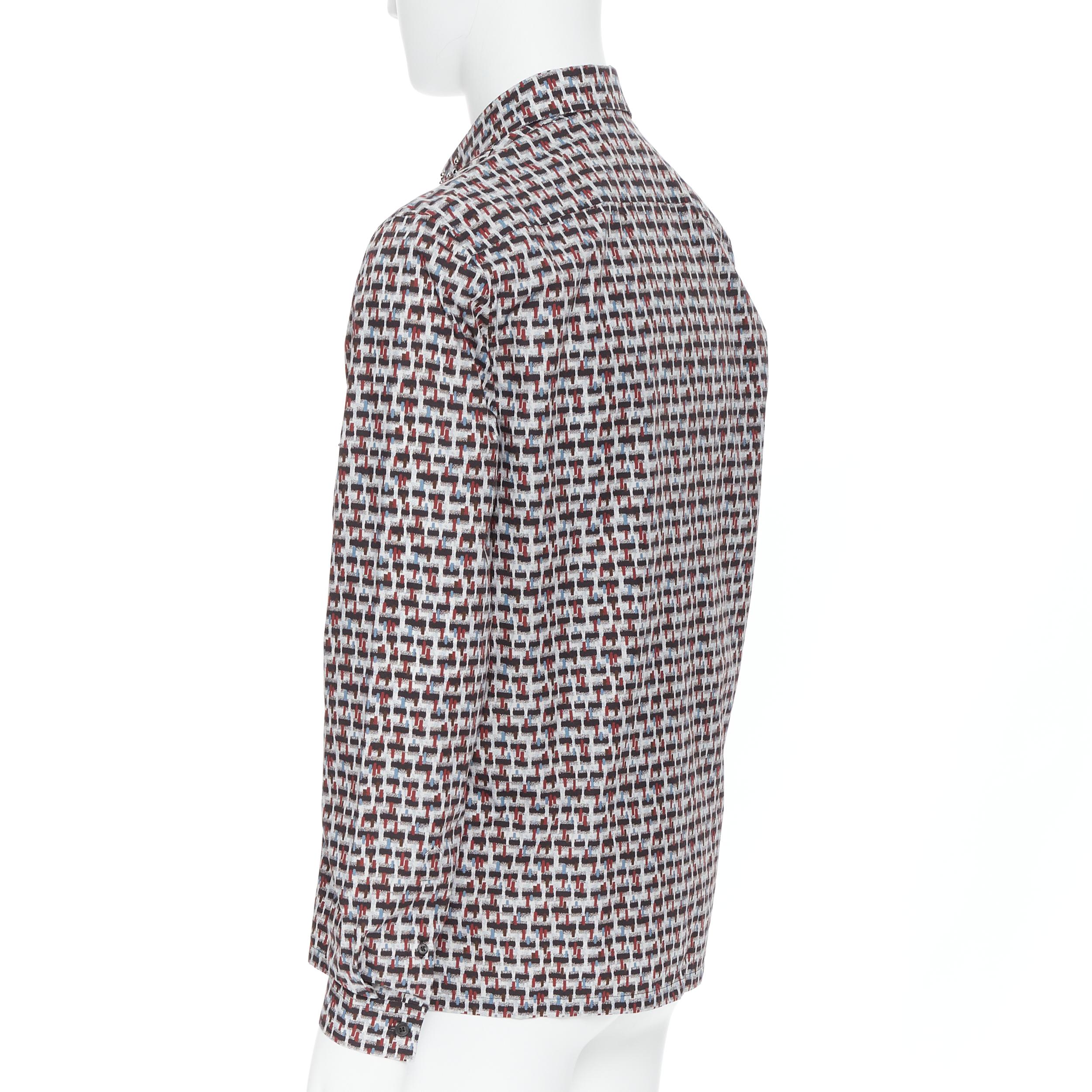 Gray new PRADA 2018 Losanga abstract geometric print studded collar shirt EU39 M