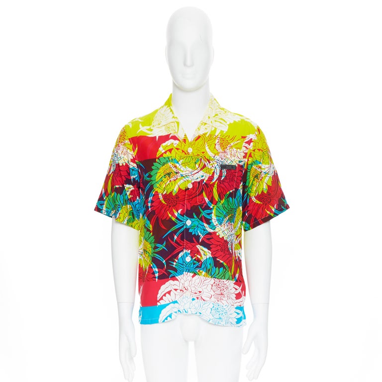 new PRADA 2018 Psychedelic Hibiscus yellow floral print Hawaiian bowling shirt S For Sale 1