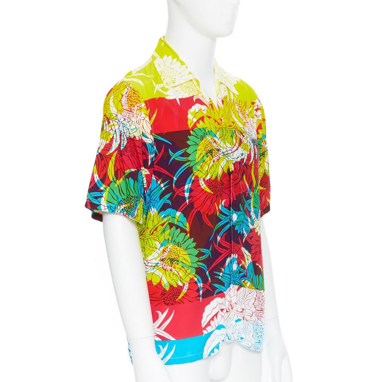 new PRADA 2018 Psychedelic Hibiscus yellow floral print Hawaiian bowling shirt S For Sale 2