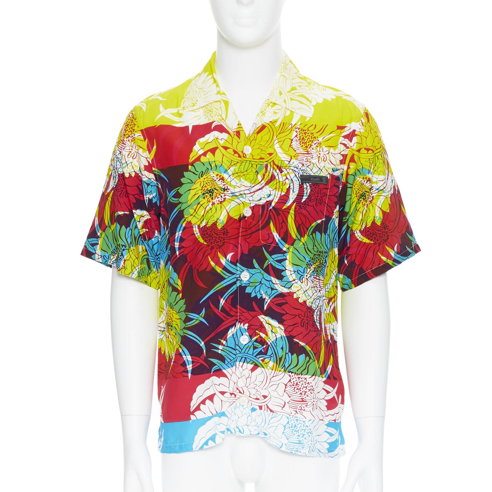 new PRADA 2018 Psychedelic Hibiscus yellow floral print Hawaiian bowling shirt S For Sale