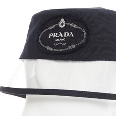 new PRADA 2018 RARE black cotton frayed logo clear PVC trim 90's bucket hat S