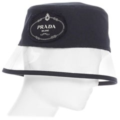 Used new PRADA 2018 RARE black cotton frayed logo clear PVC trim 90's bucket hat S