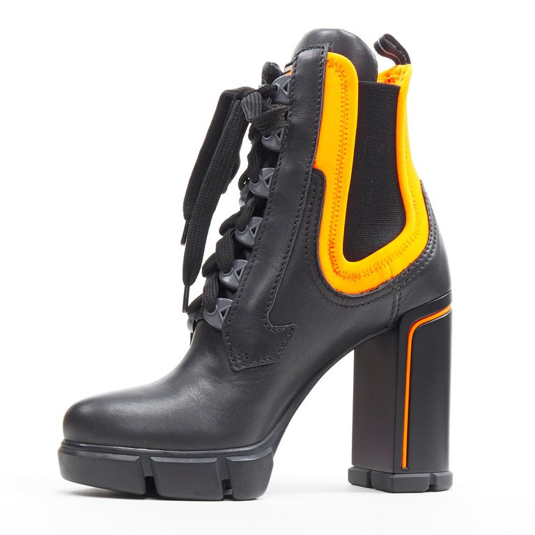 new PRADA 2018 Runway neon orange neoprene lace up chunky heel ankle boot  EU36 at 1stDibs