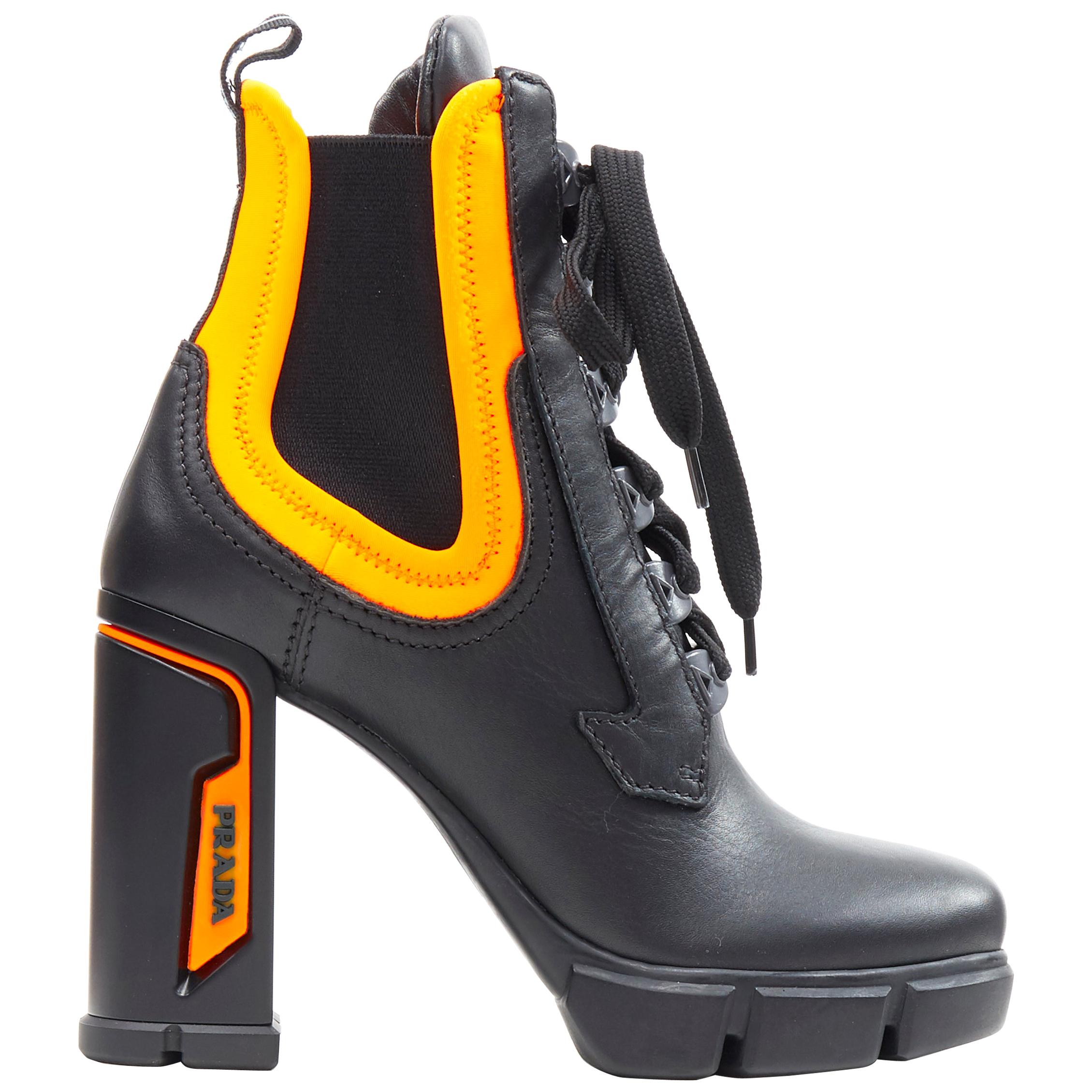 new PRADA 2018 Runway neon orange neoprene lace up chunky heel ankle boot  EU36 at 1stDibs