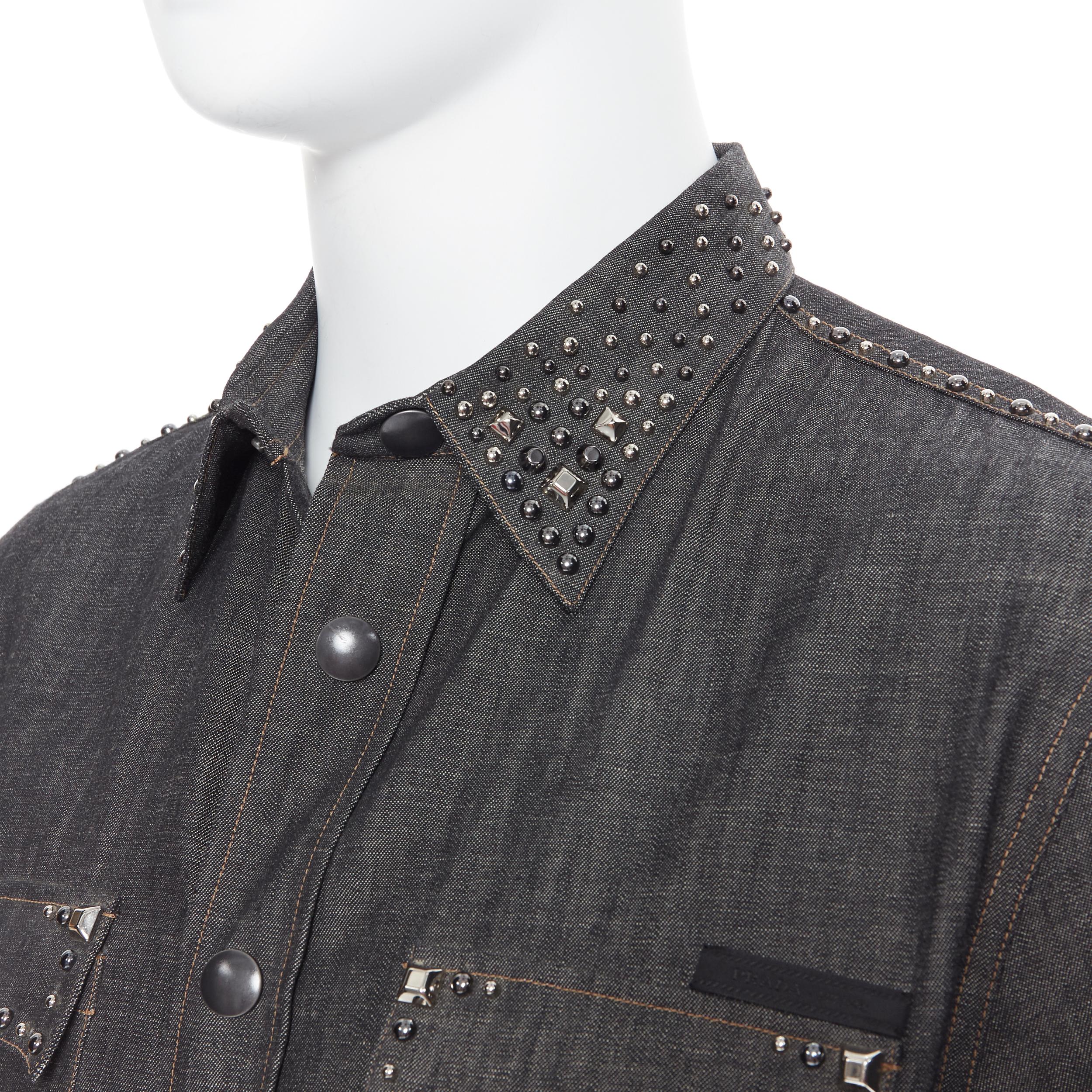 Men's new PRADA 2018 washed grey denim silver stud embellished western over shirt M