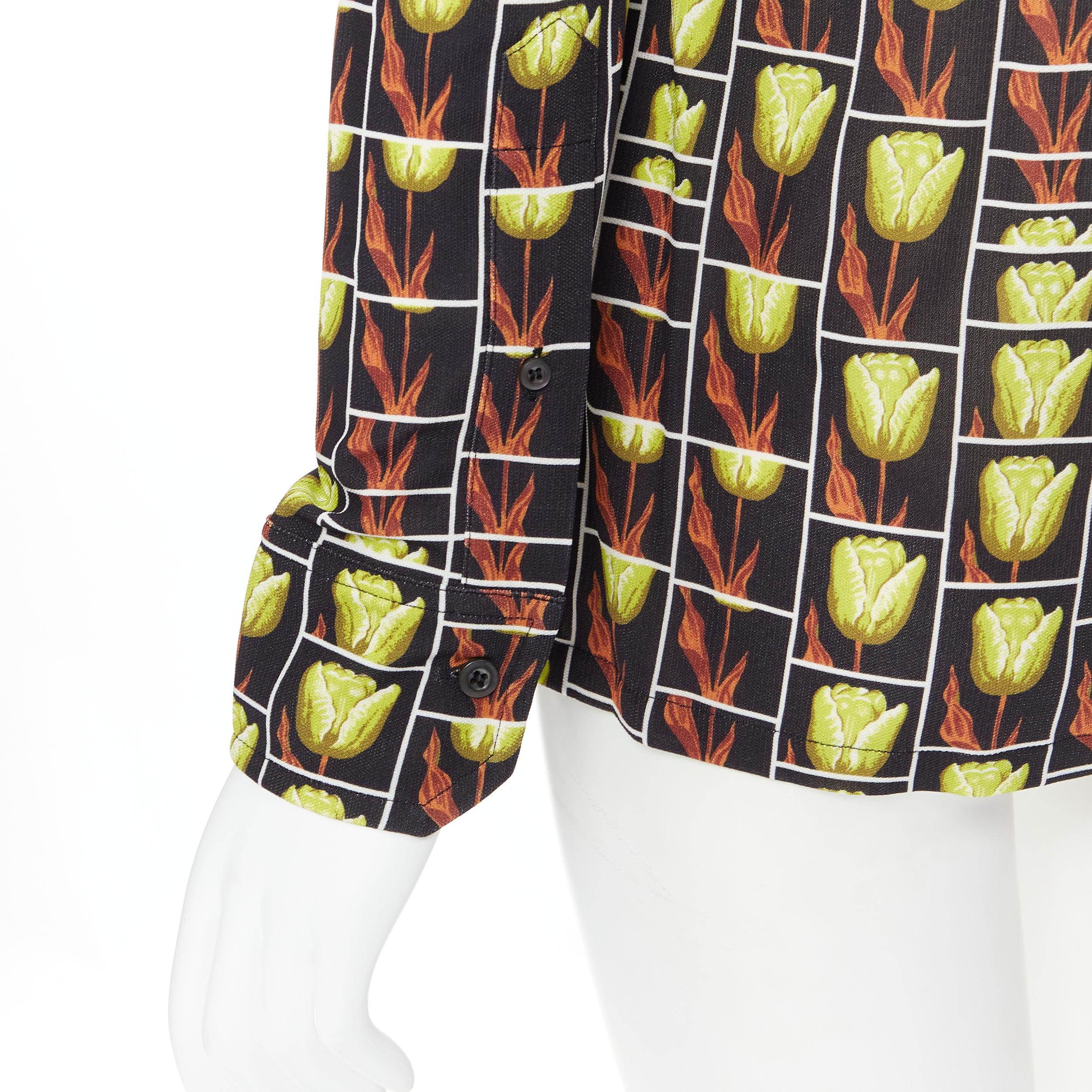 Women's new PRADA 2019 black yellow tulip floral logo print long sleeve shirt IT38 XS