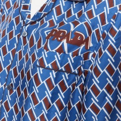 new PRADA 2019 blue brown argyle Twist print 100% silk twill pyjama shirt top S