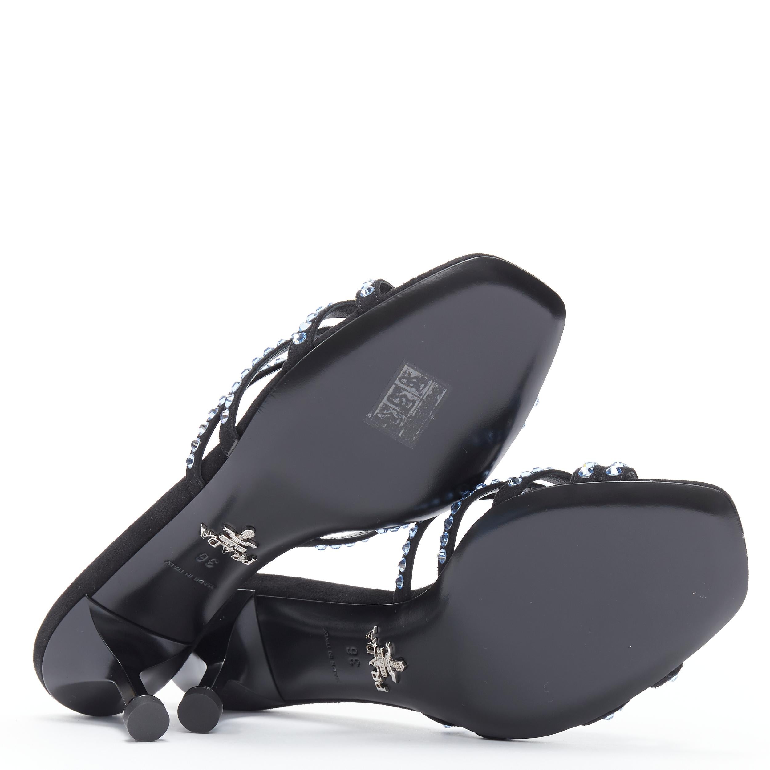 Black new PRADA 2019 blue crystal rhinestone strappy open toe heel sandal shoe EU36 For Sale