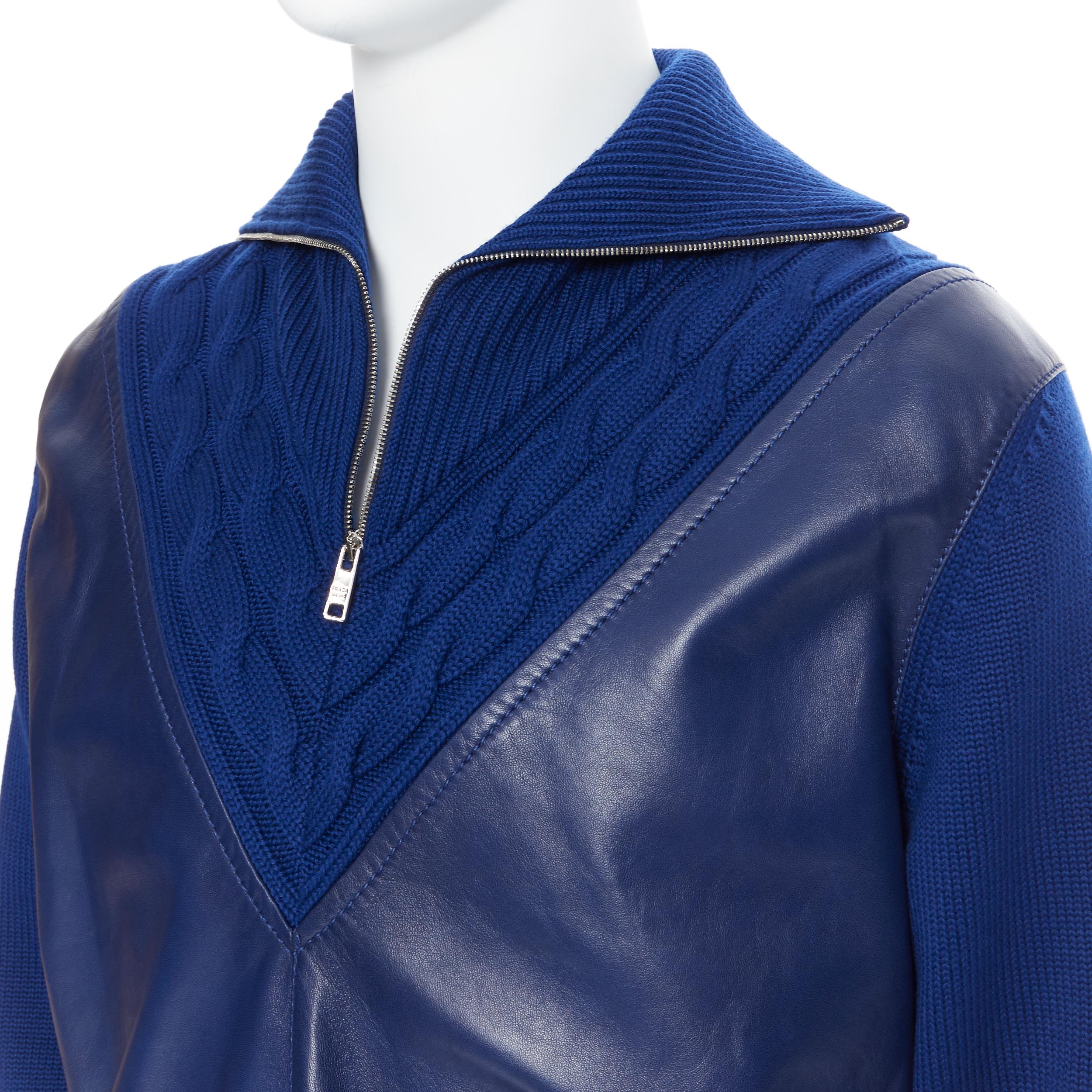 new PRADA 2019 blue leather panel front half zip cable knit varsity sweater IT48
Brand: Prada
Designer: Miuccia Prada
Collection: Spring Summer 2019
Model Name / Style: Sweater
Material: Leather, wool
Color: Blue
Pattern: Solid
Closure: Zip
Extra