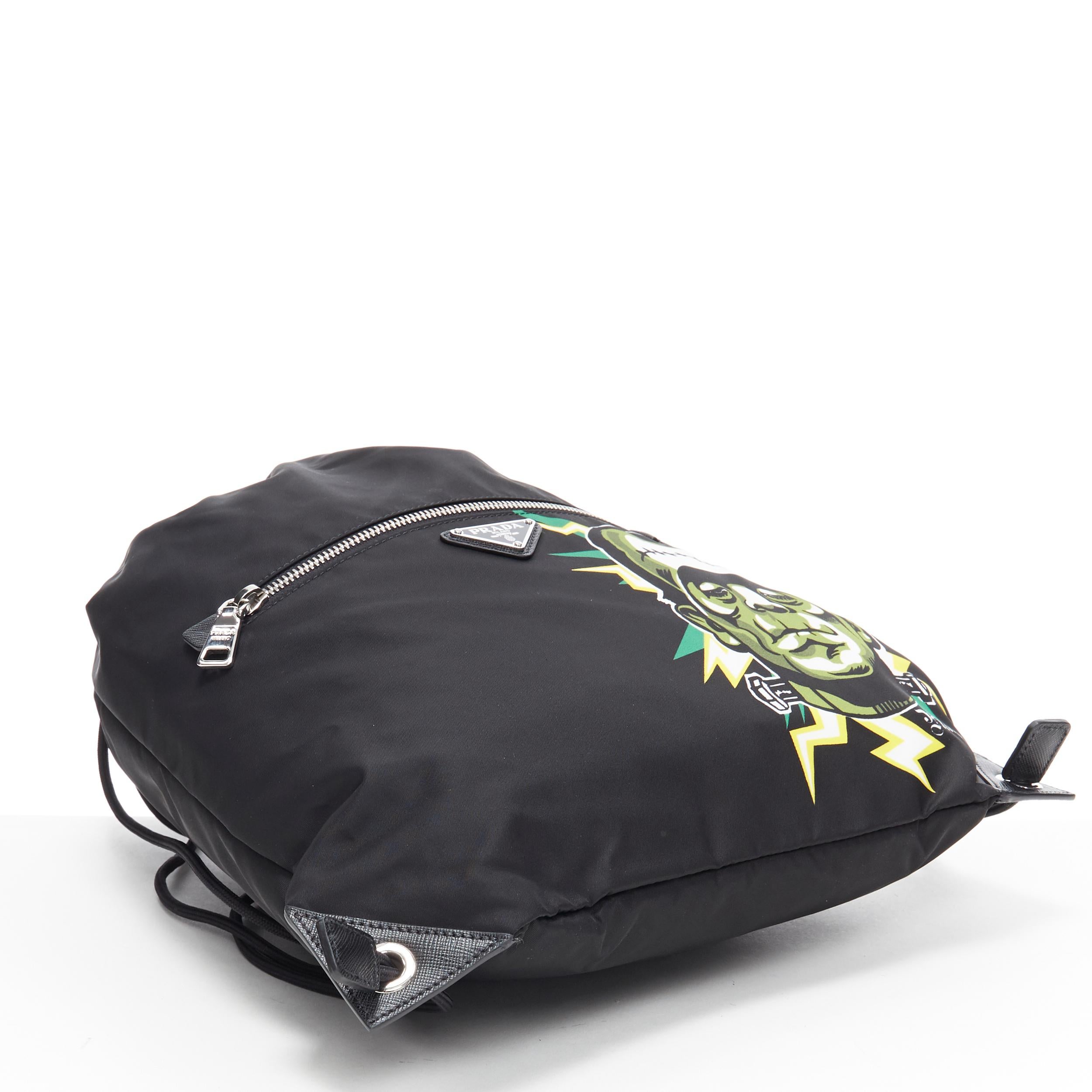 Black new PRADA 2019 Frankenstein black nylon logo plate drawstring backpack bag