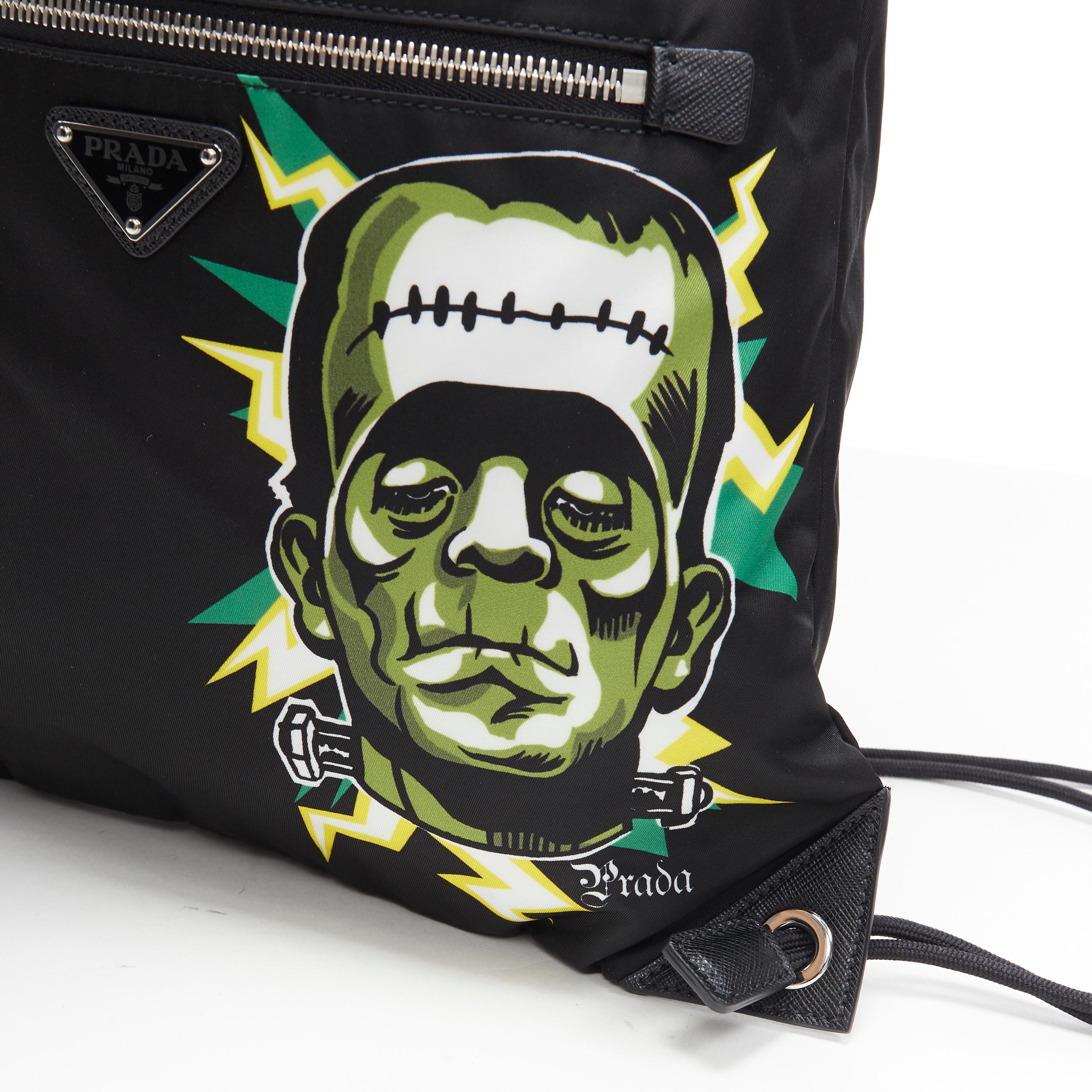 new PRADA 2019 Frankenstein black nylon logo plate drawstring backpack bag In New Condition In Hong Kong, NT