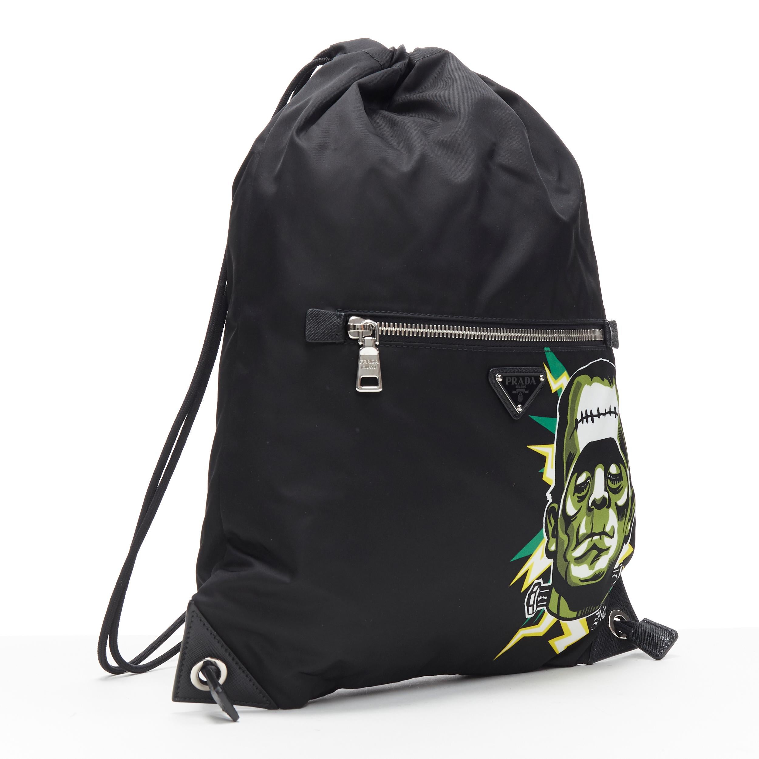 new PRADA 2019 Frankenstein black nylon triangle logo drawstring backpack bag
Brand: Prada
Designer: Miuccia Prada
Collection: Fall Winter 2019
Model Name / Style: Drawstring backpack
Material: Nylon
Color: Black
Pattern: Solid
Closure: Zip
Extra