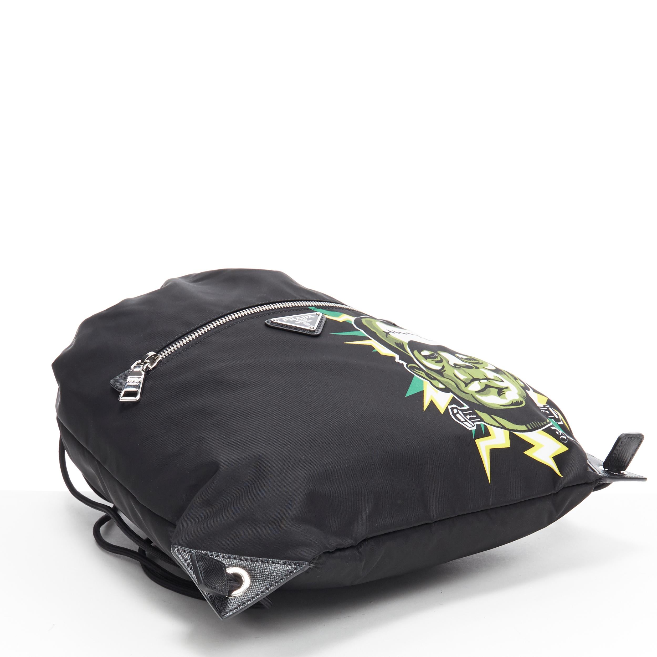 Men's new PRADA 2019 Frankenstein black nylon triangle logo drawstring backpack bag