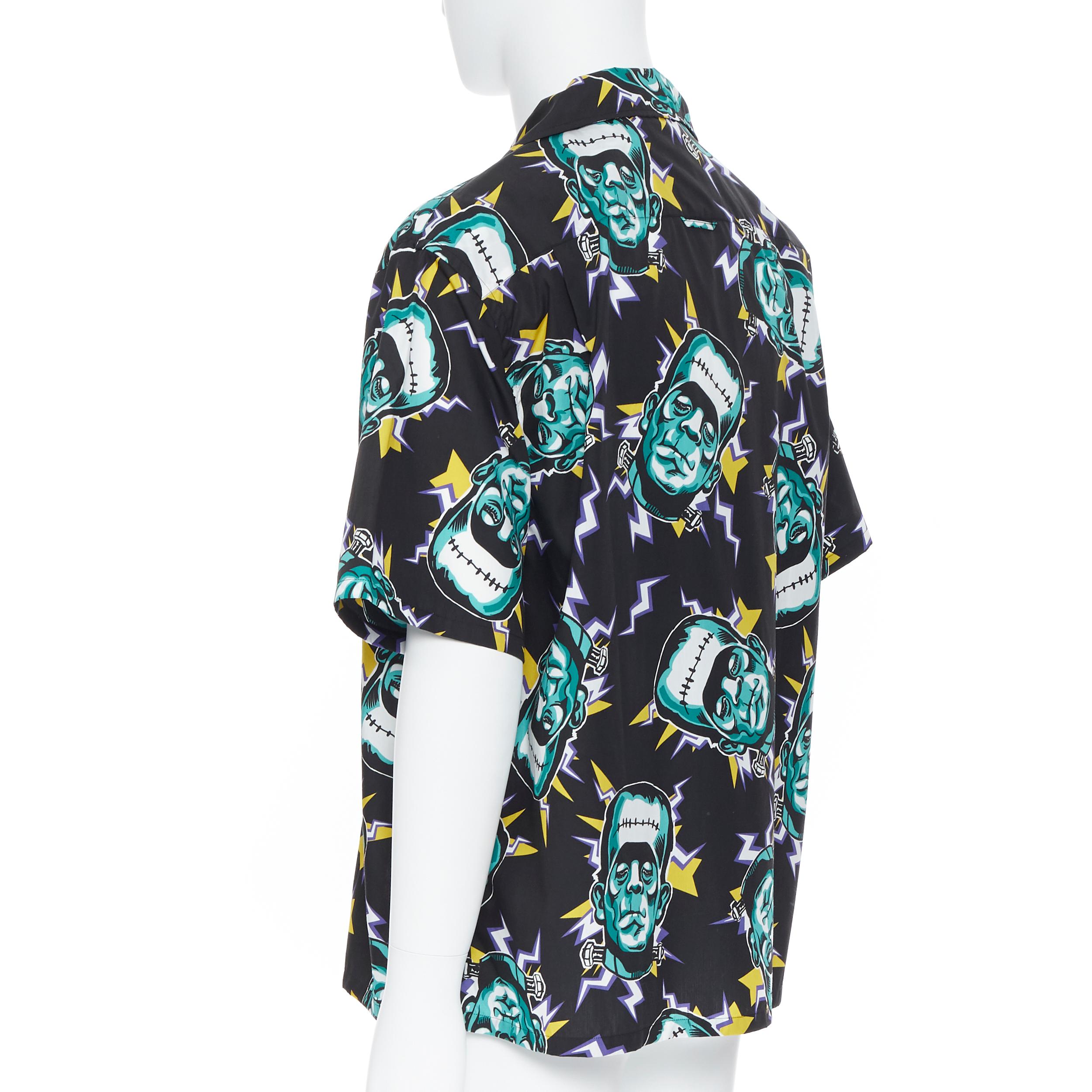 Men's new PRADA 2019 Frankenstein Lightning black cotton short sleeve bowling shirt S