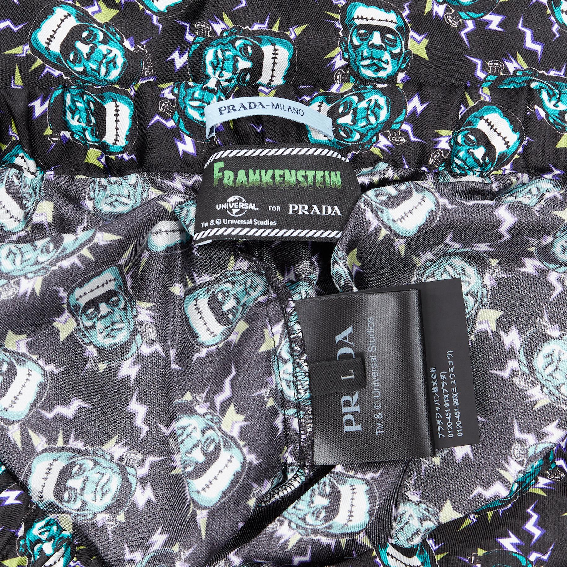 new PRADA 2019 Frankenstein Menta black green print 100% silk pyjama pants L 1