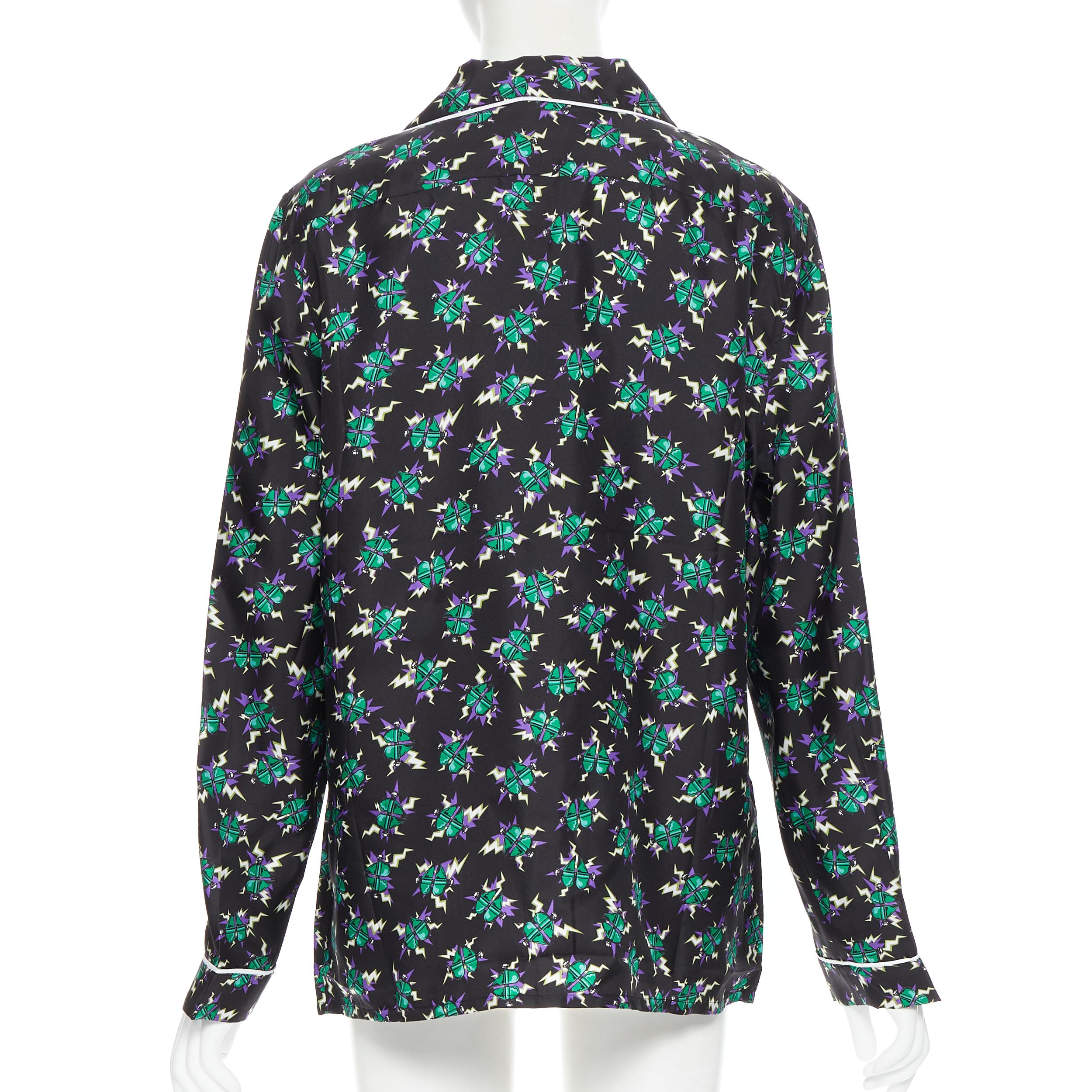 Women's new PRADA 2019 Frankenstein Micro Heart black print 100% silk pyjama shirt top S