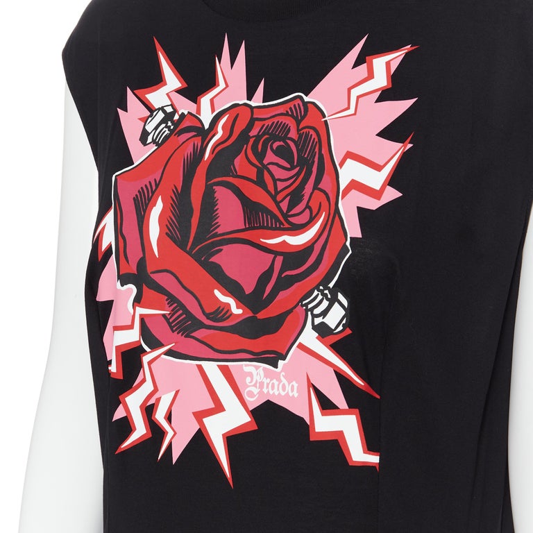 new PRADA 2019 Frankenstein Rose Lightning print black cotton maxi dress XL  at 1stDibs