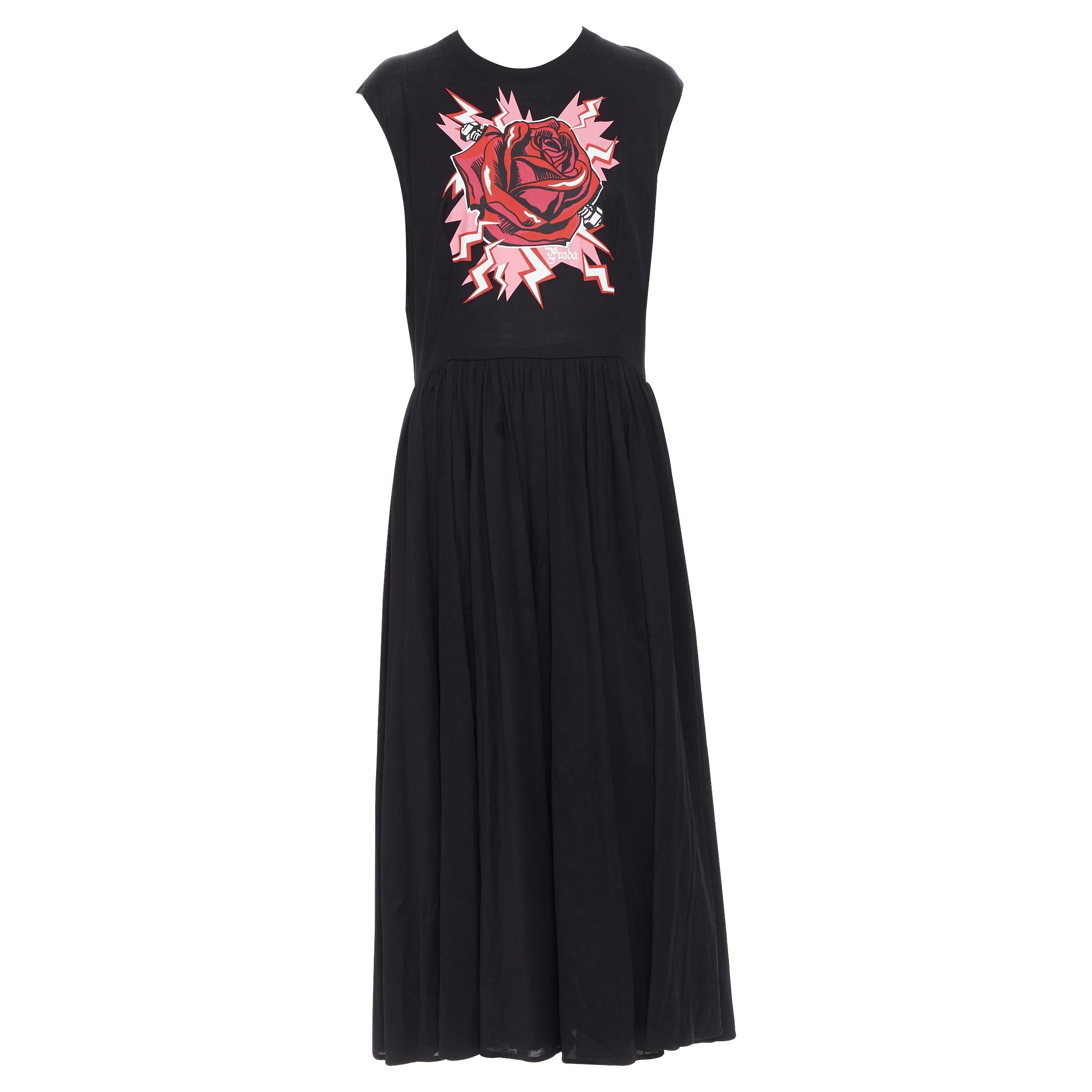 nuevo PRADA 2019 Frankenstein Rosa Rayo impresi�ón negro algodón maxi vestido XL