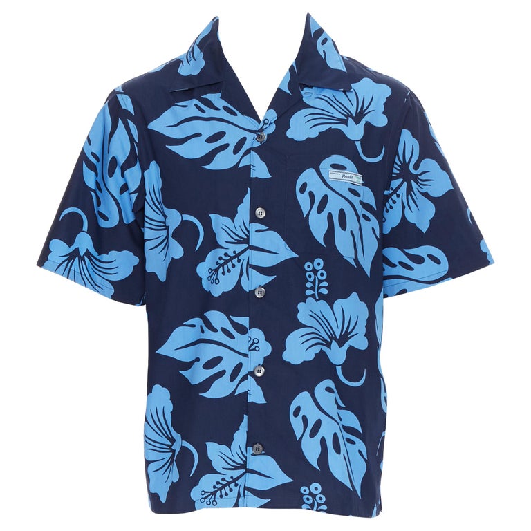 new PRADA 2019 Hibiscus blue floral print short sleeve Hawaiian bowling  shirt L at 1stDibs
