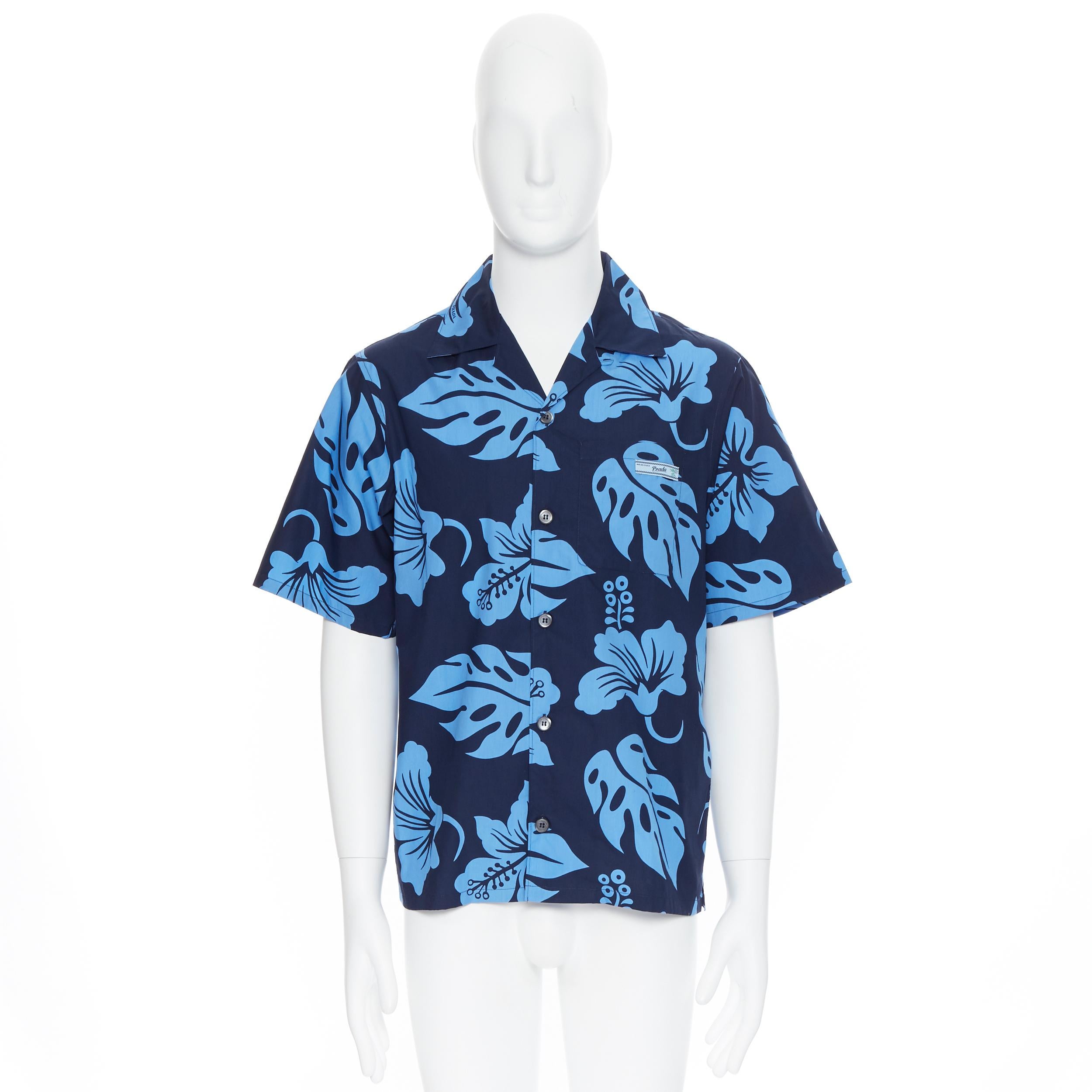 nuevo PRADA 2019 Hibiscus azul estampado floral manga corta camisa hawaiana M Azul
