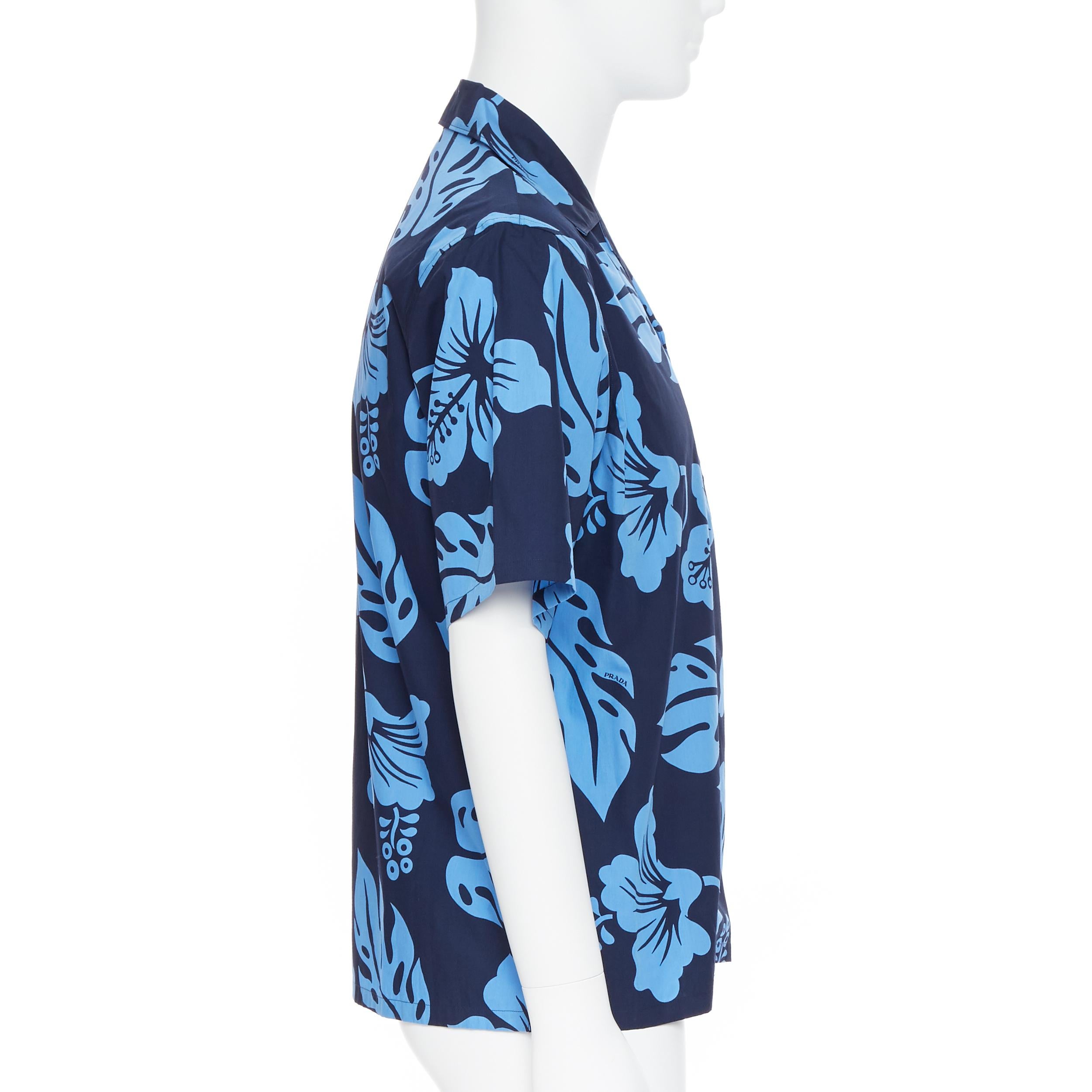 De los hombres nuevo PRADA 2019 Hibiscus azul estampado floral manga corta camisa hawaiana M