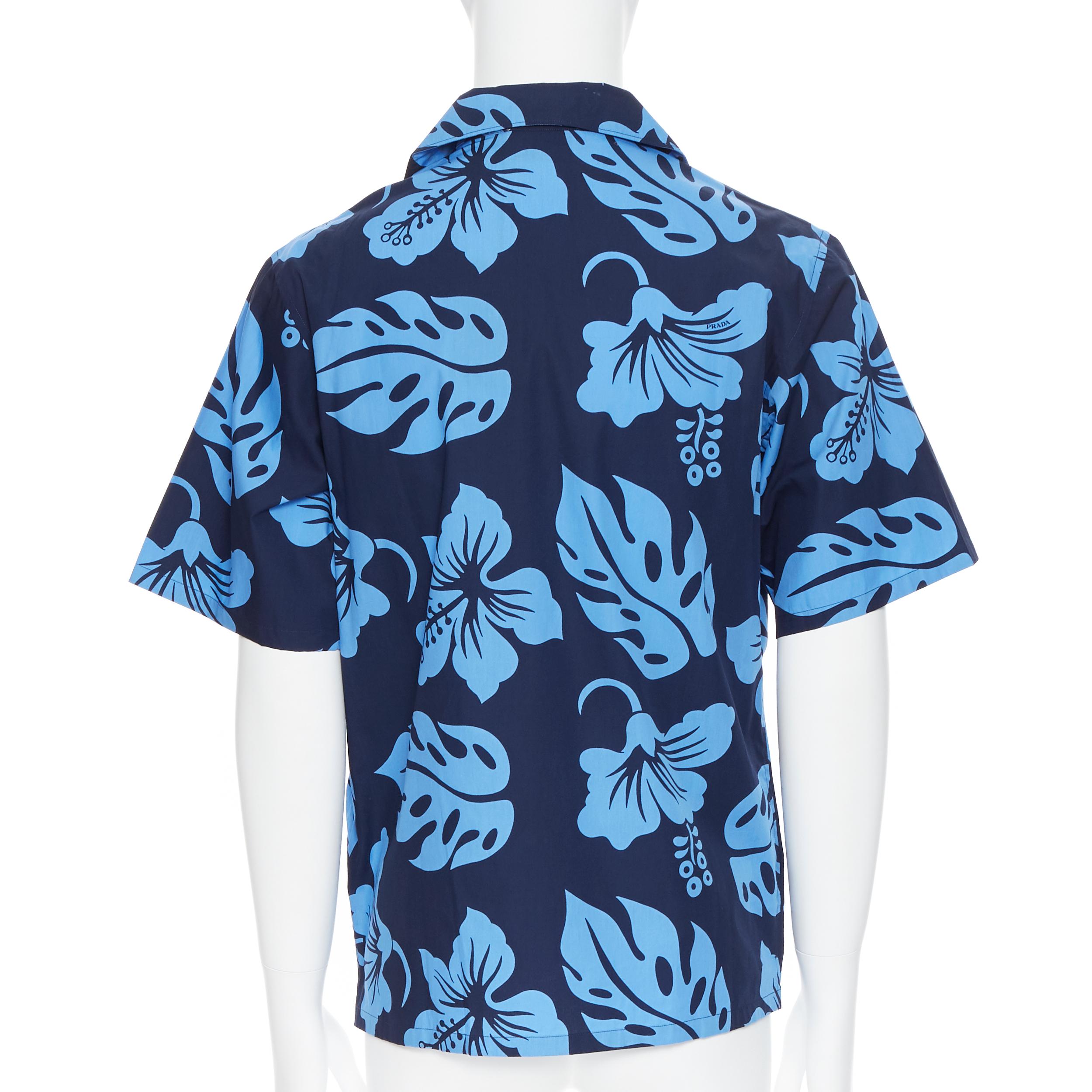 nuevo PRADA 2019 Hibiscus azul estampado floral manga corta camisa hawaiana M 1