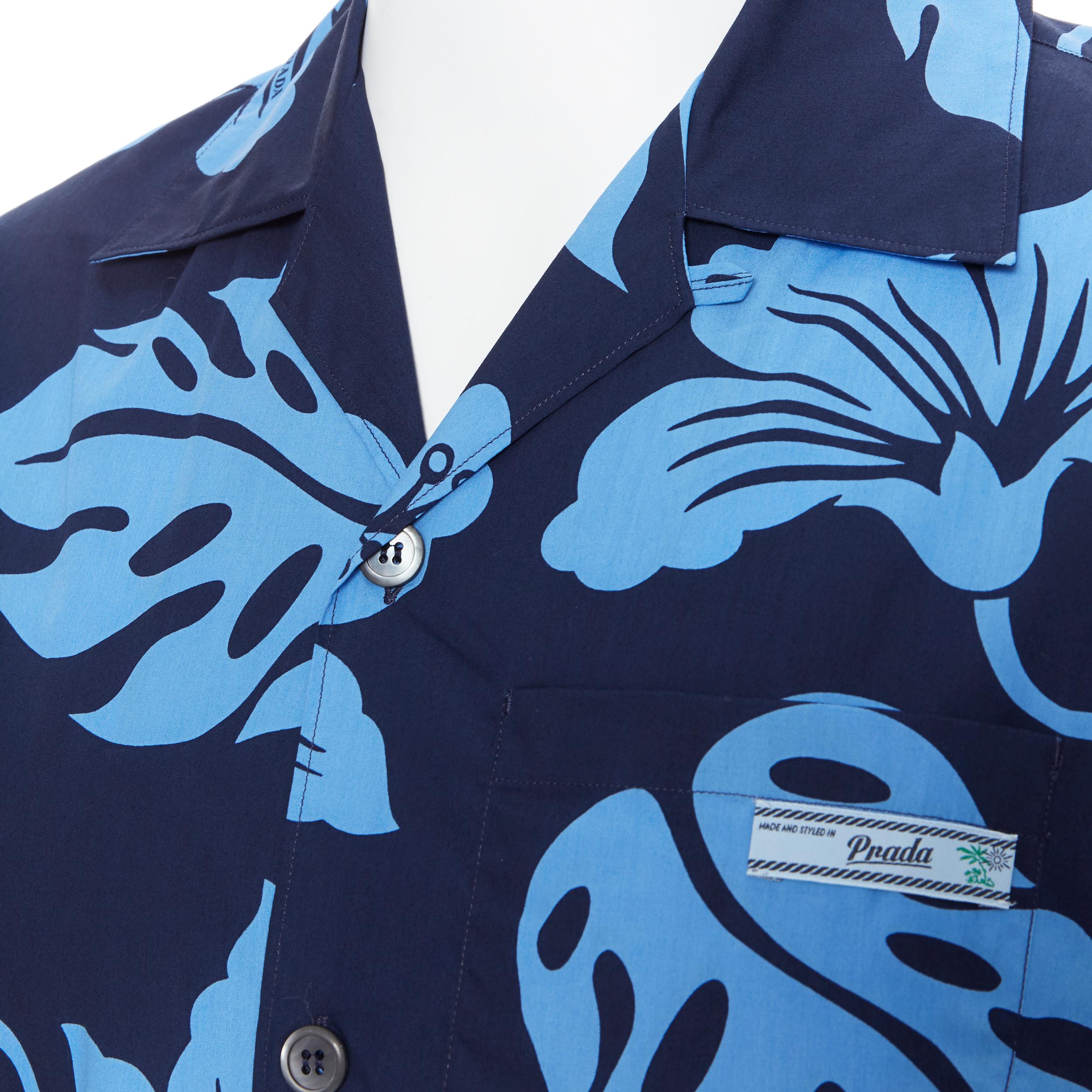 new PRADA 2019 Hibiscus blue floral print short sleeve Hawaiian bowling shirt M In New Condition In Hong Kong, NT