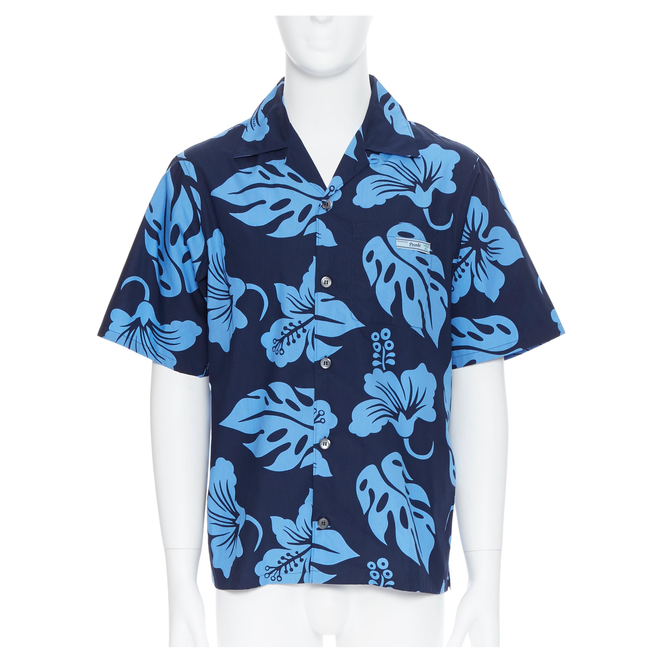 new PRADA 2019 Hibiscus blue floral print short sleeve Hawaiian bowling shirt M