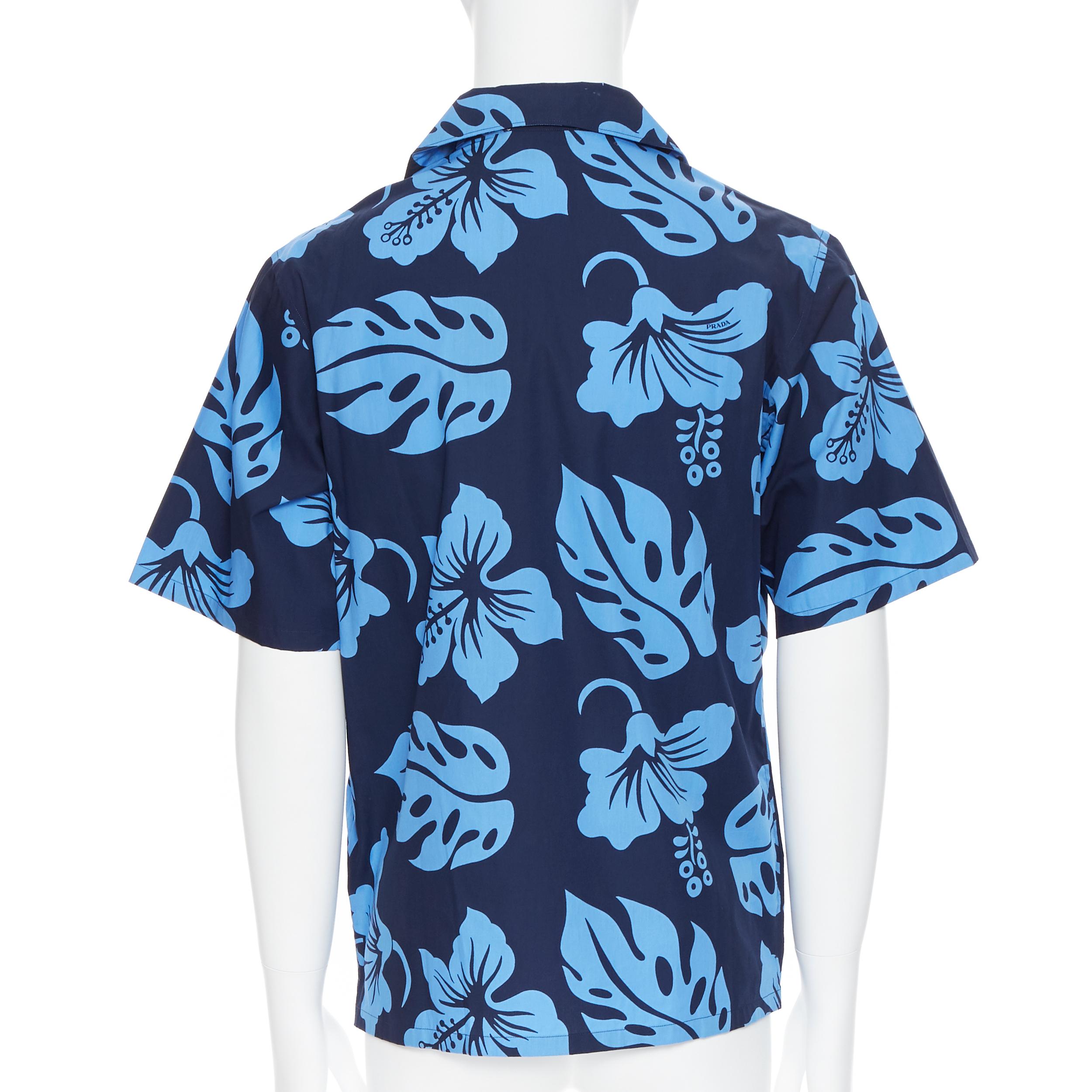Blue new PRADA 2019 Hibiscus blue floral print short sleeve Hawaiian camp shirt M