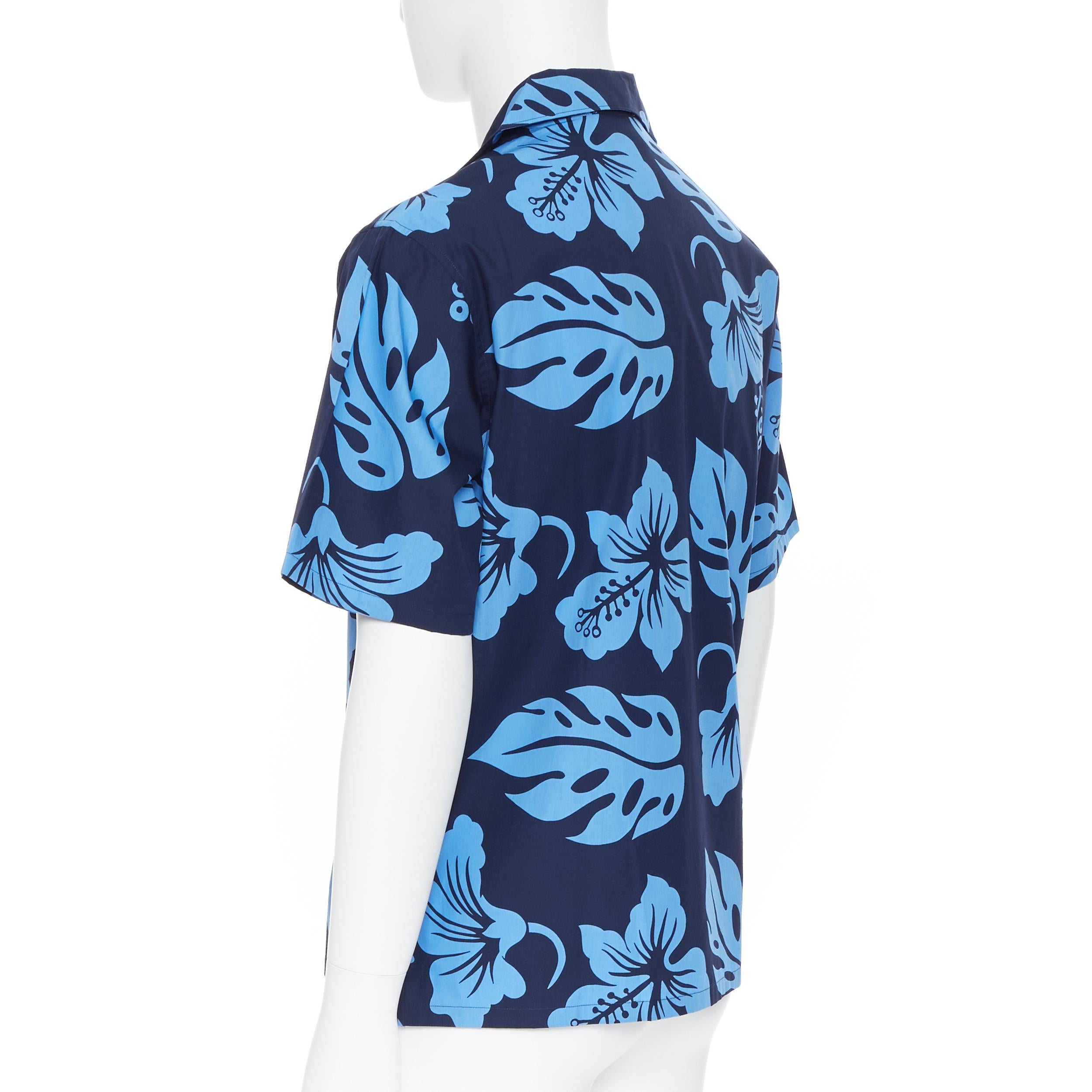 new PRADA 2019 Hibiscus blue floral print short sleeve Hawaiian camp shirt M In New Condition In Hong Kong, NT