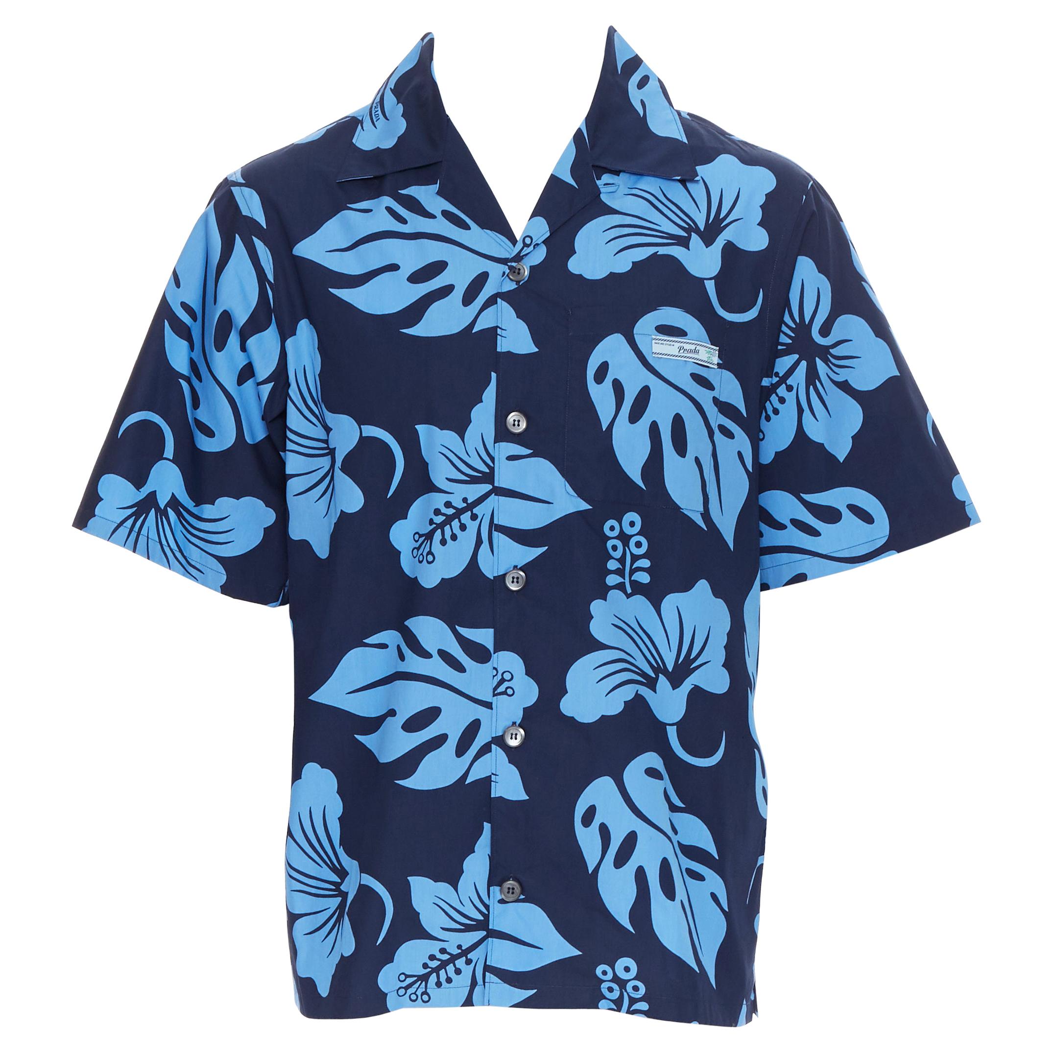 new PRADA 2019 Hibiscus blue floral print short sleeve Hawaiian camp shirt M
