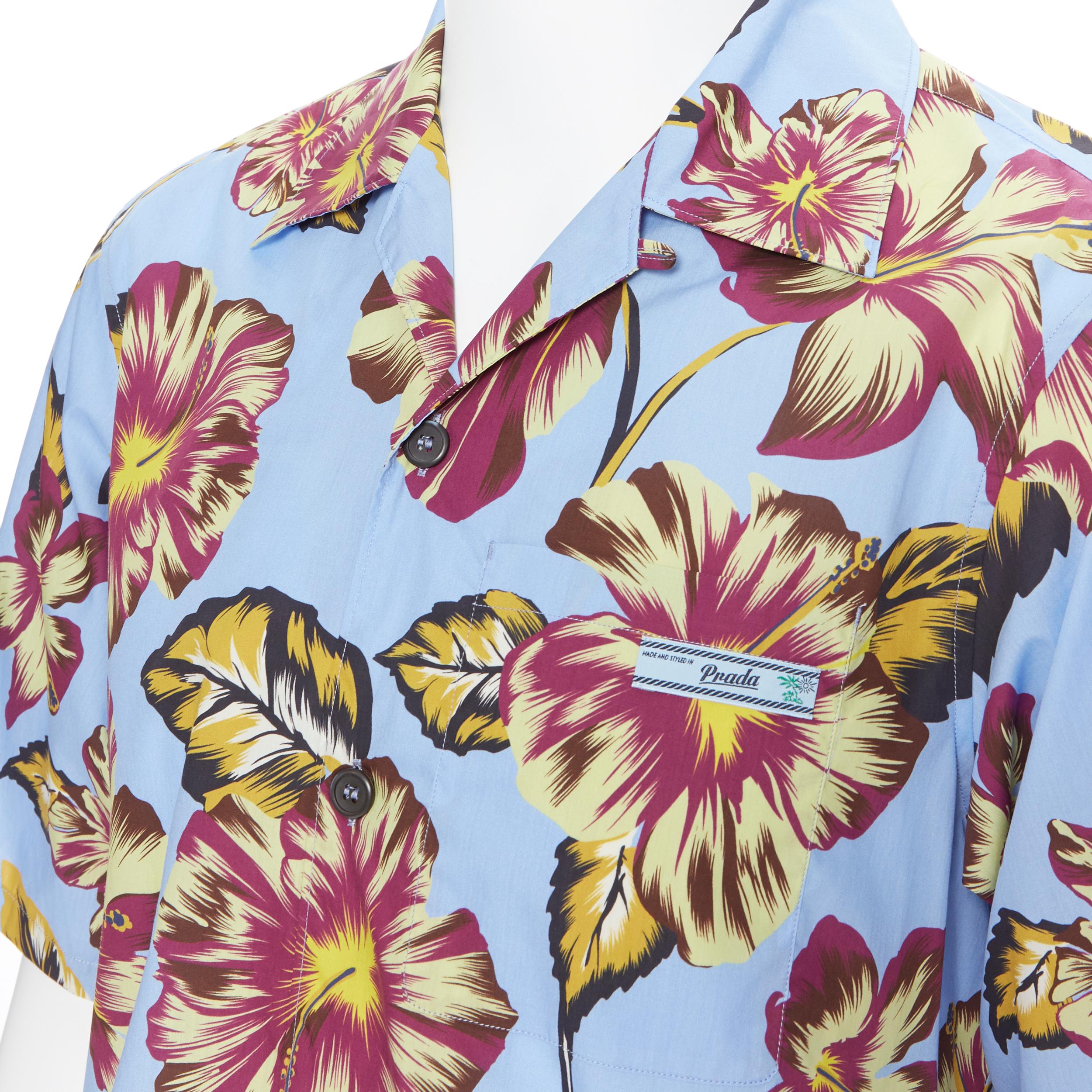 Men's new PRADA 2019 Hibiscus floral print short sleeve Hawaiian bowling camp shirt L