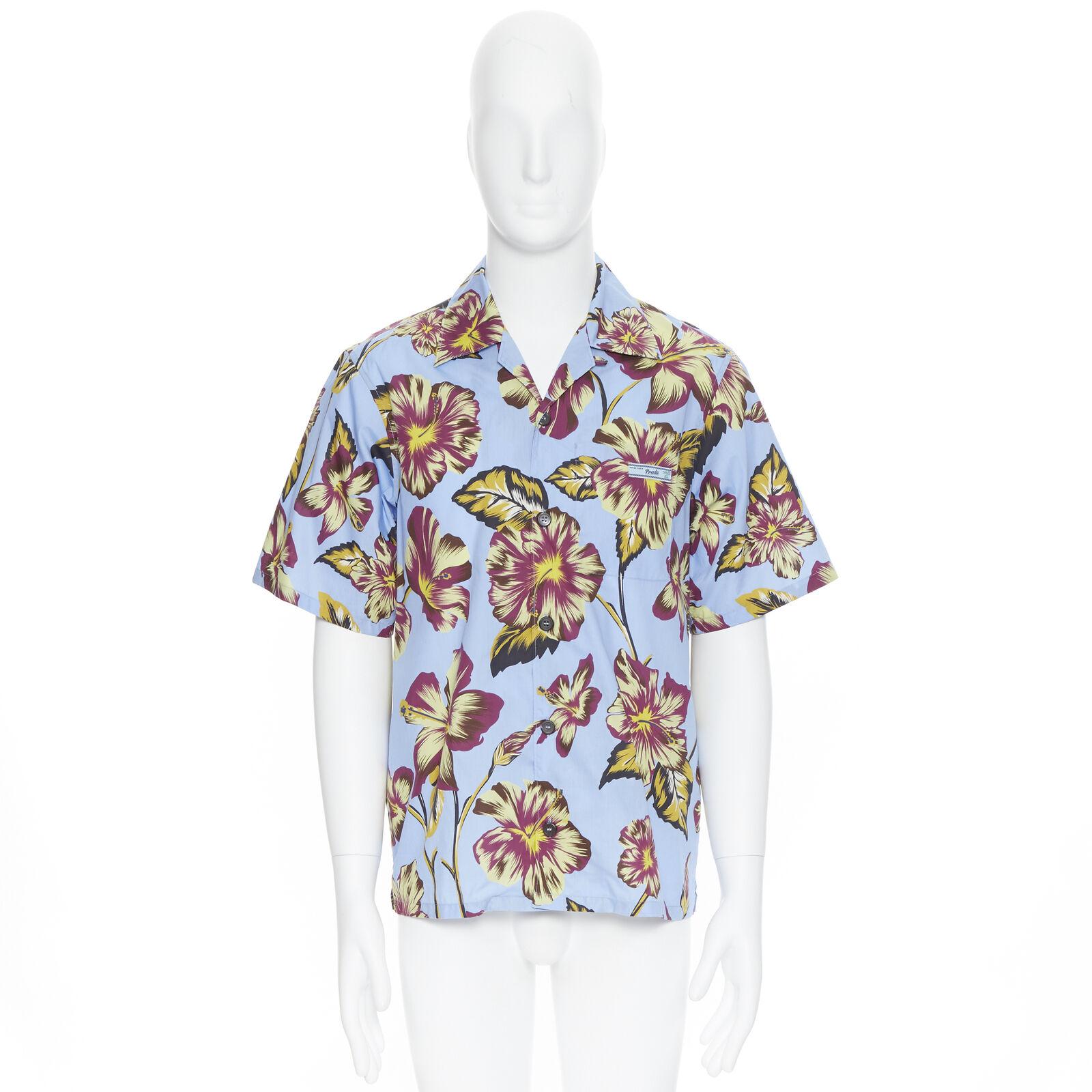 Gray new PRADA 2019 Hibiscus floral print short sleeve Hawaiian bowling camp shirt M For Sale