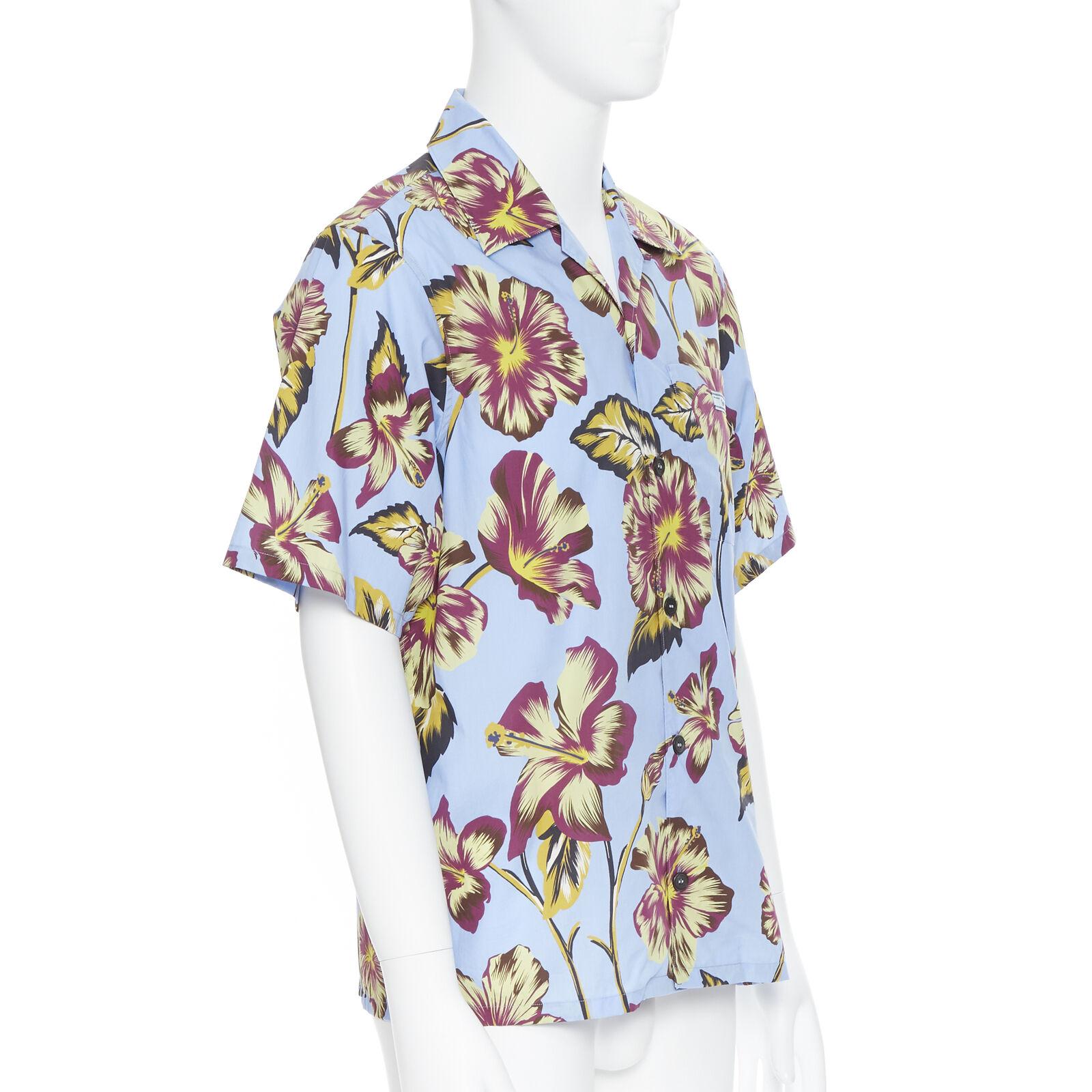 new PRADA 2019 Hibiscus floral print short sleeve Hawaiian bowling camp shirt M In New Condition For Sale In Hong Kong, NT