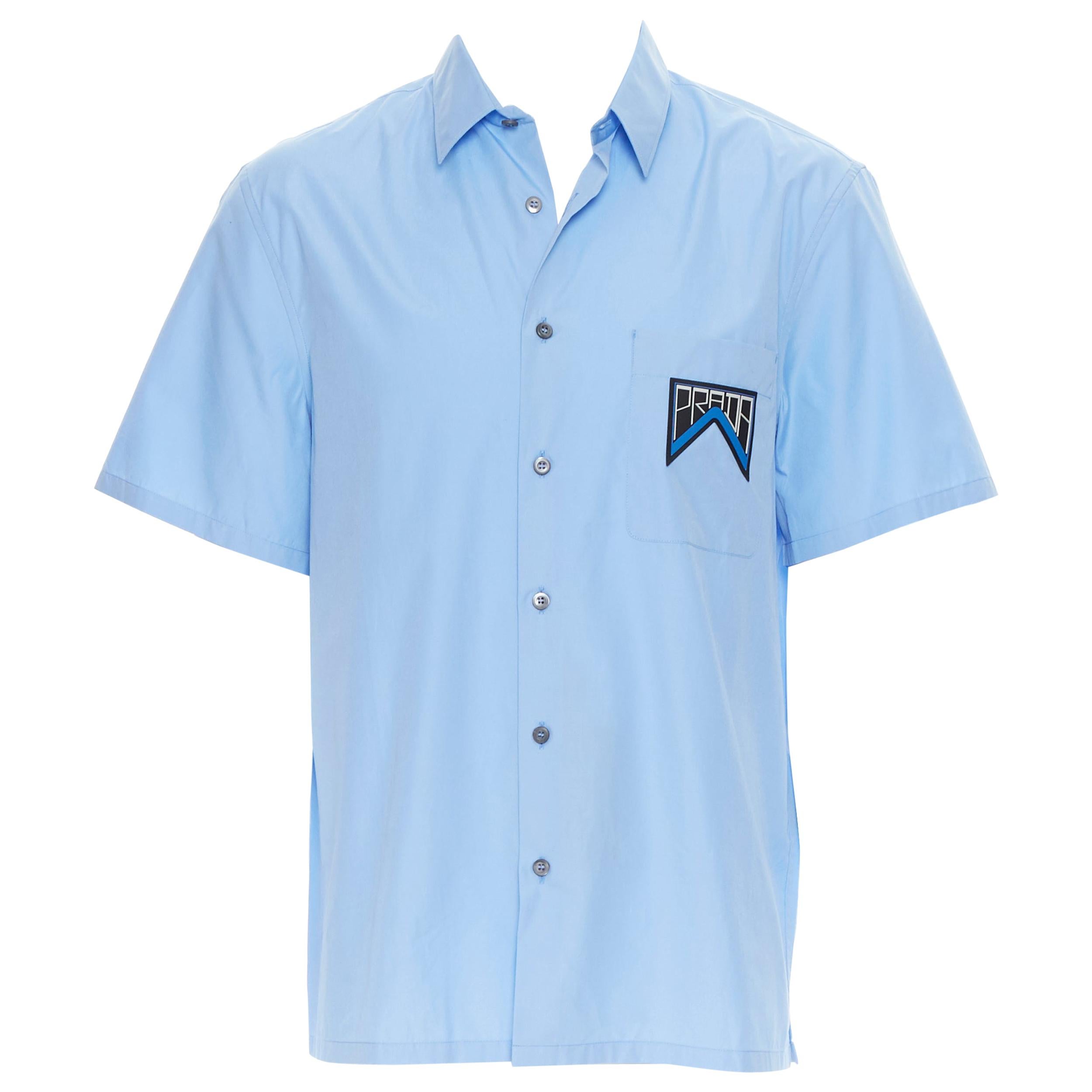 new PRADA 2019 light blue rubber logo patch breast pocket casual shirt EU41 L