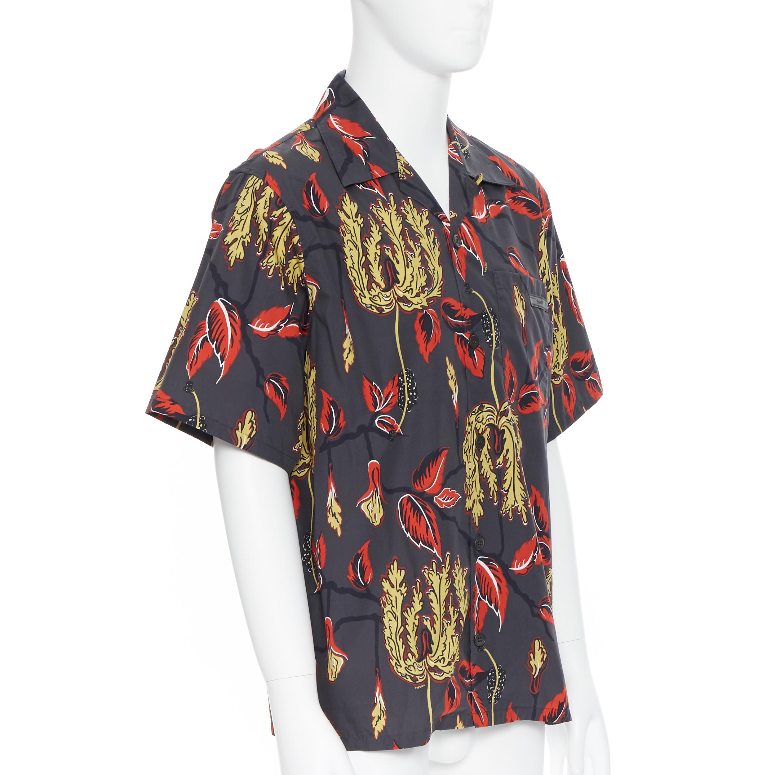 Black new PRADA 2019 Lilium floral print short sleeve Hawaiian bowling camp shirt S