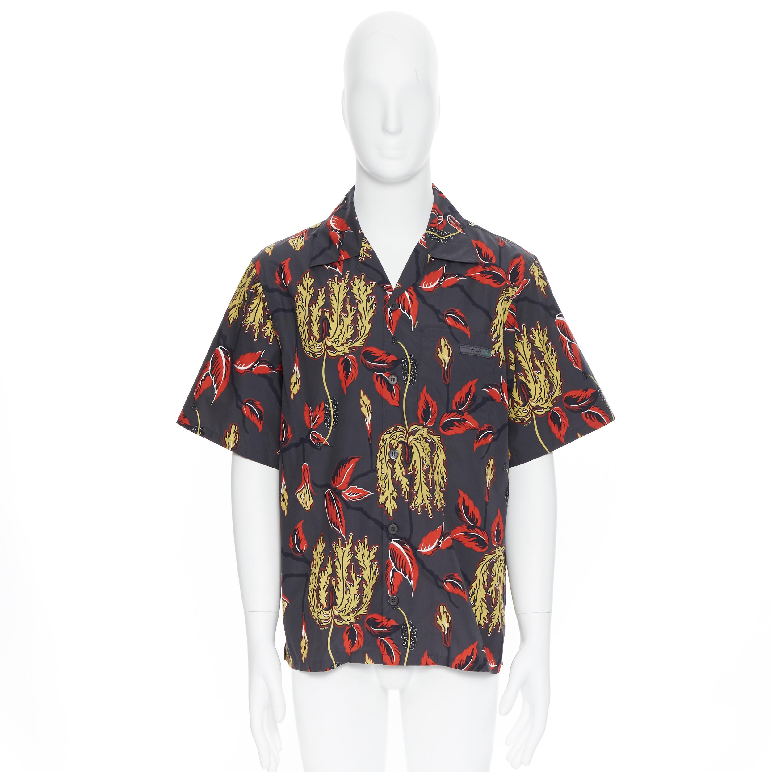Black new PRADA 2019 Lilium floral print short sleeve Hawaiian bowling camp shirt XL