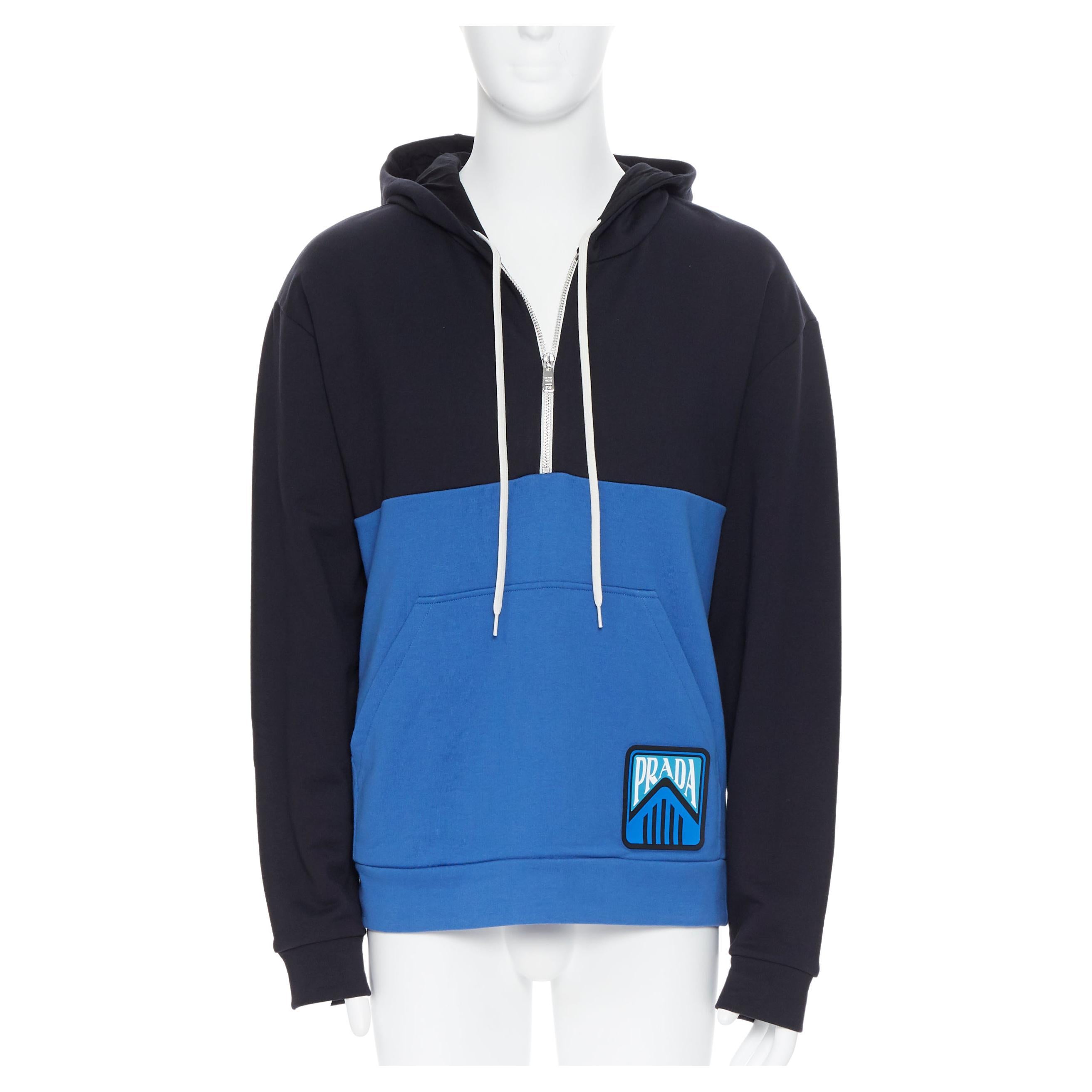 new PRADA 2019 navy blue colorblocked half zip sports logo pullover hoodie  XL at 1stDibs