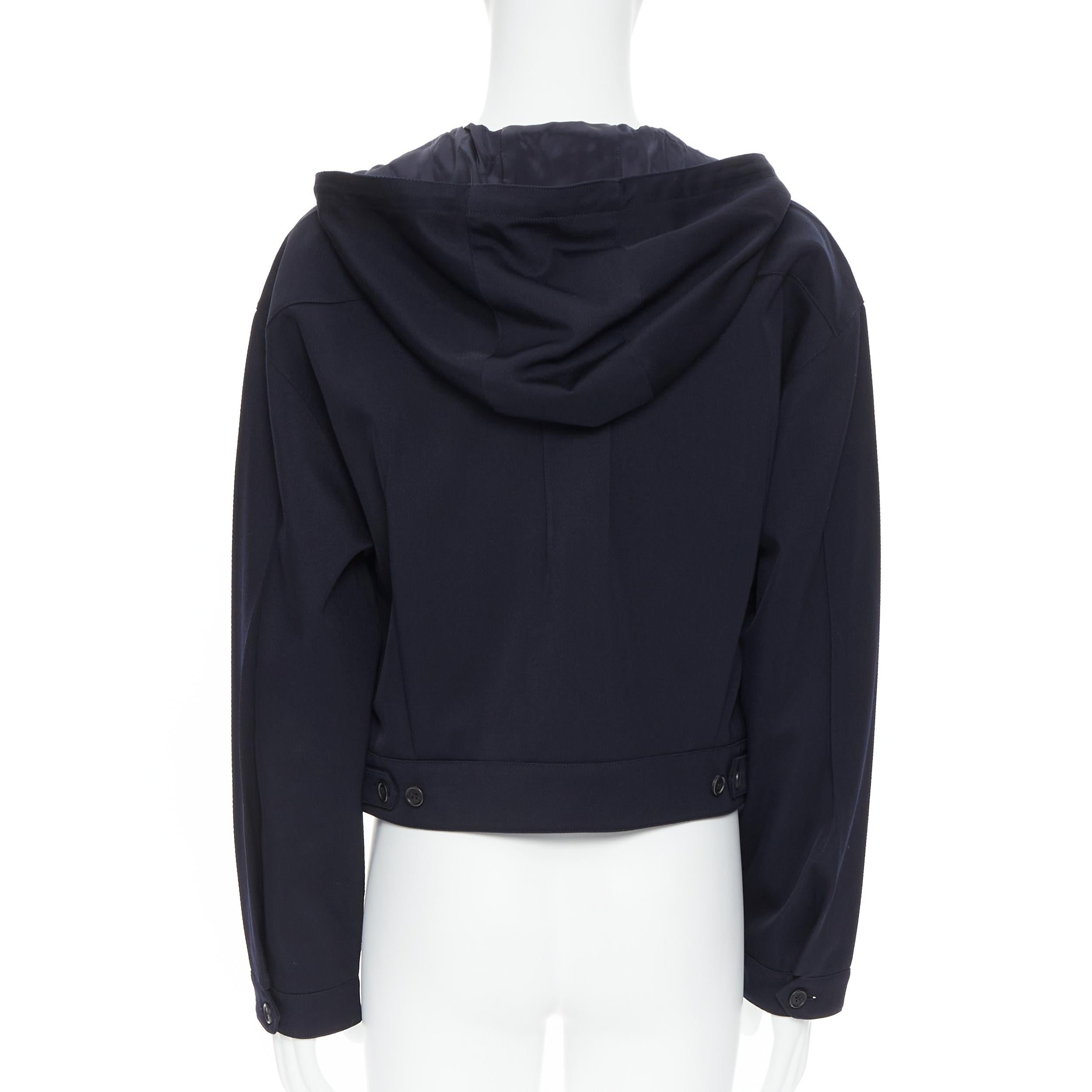 Black new PRADA 2019 navy blue wool triangle logo pocket cropped zip up hoodie jacket  For Sale