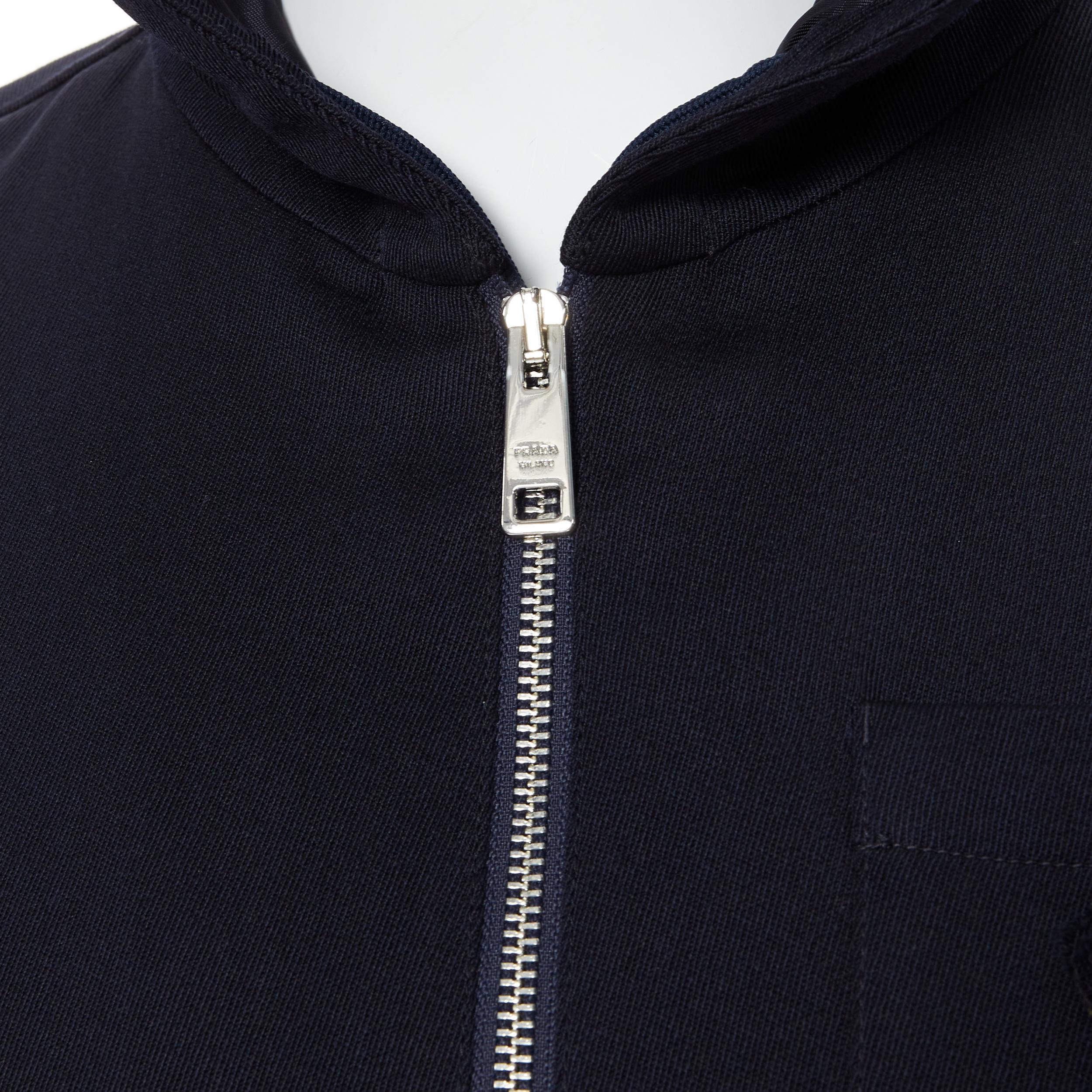 Women's new PRADA 2019 navy blue wool triangle logo pocket cropped zip up hoodie jacket  For Sale