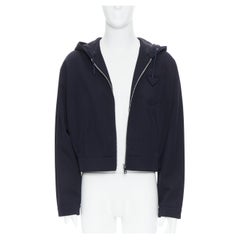 new PRADA 2019 navy blue wool triangle logo pocket cropped zip up hoodie jacket 