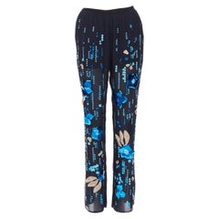 new PRADA 2019 navy chiffon metallic tulip flower sequins wide leg pants IT38 XS
