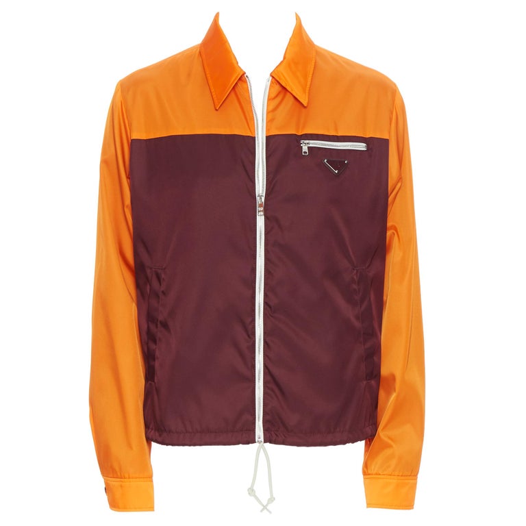 new PRADA 2019 orange burgundy triangle enamel plate nylon jacket IT48 M  For Sale at 1stDibs