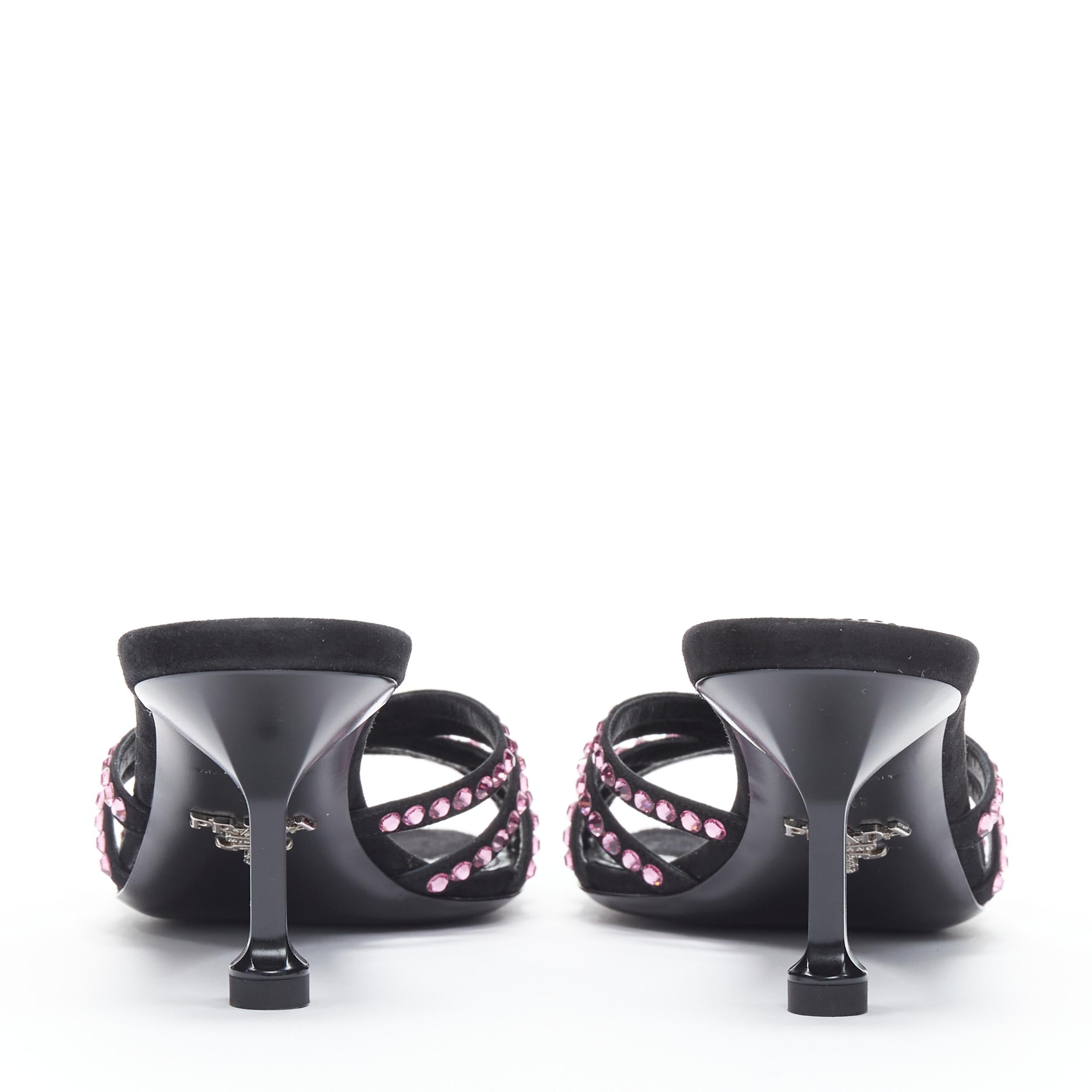 Black new PRADA 2019 pink crystal rhinestone strappy open toe heel sandal mule EU36 For Sale