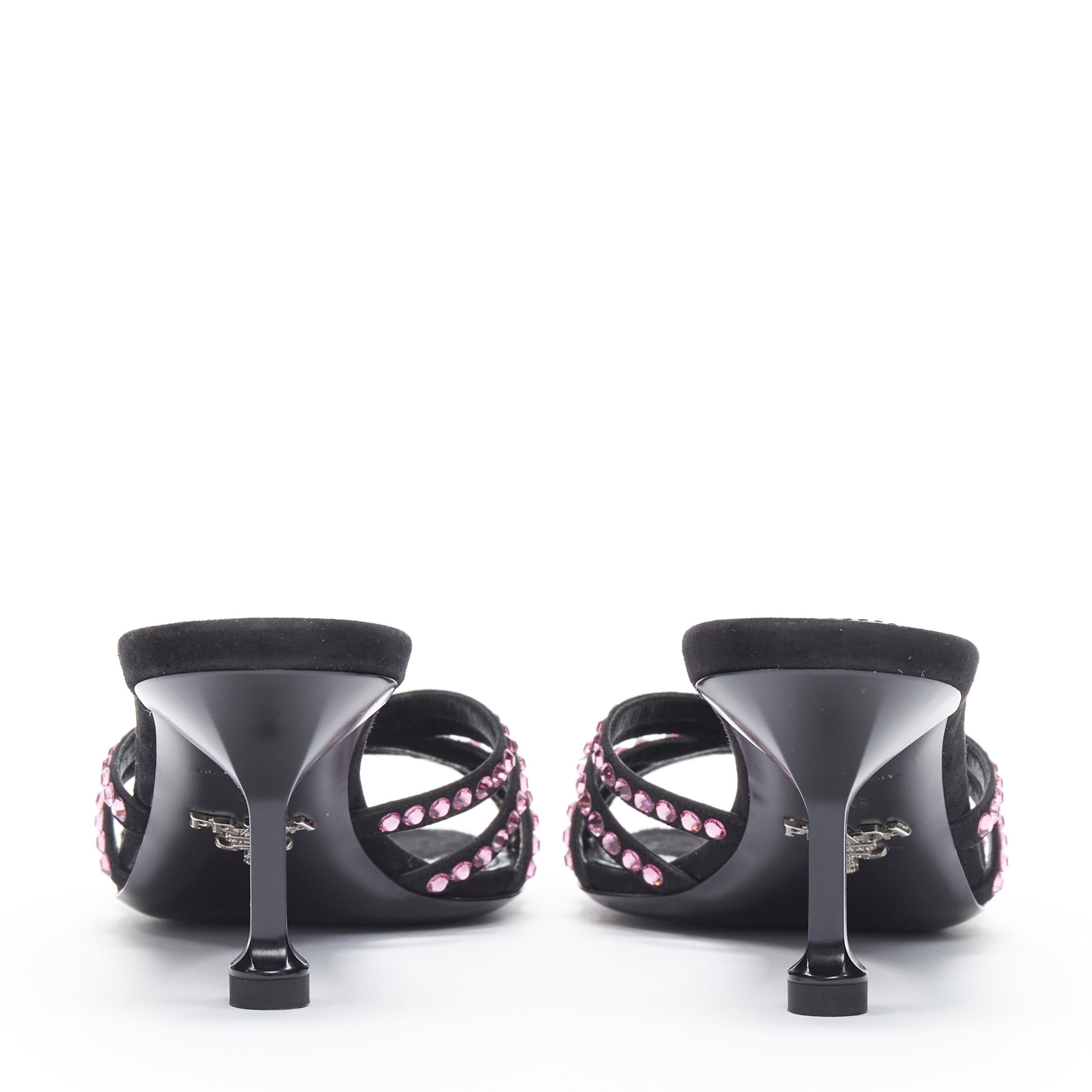 Black new PRADA 2019 pink crystal rhinestone strappy open toe heel sandal mule EU36